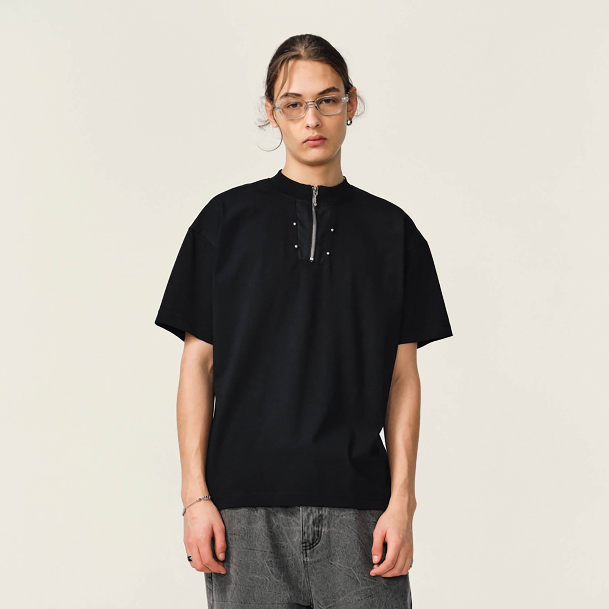 OVDY Half-Zip Rivet Sorona T-Shirt-T Shirt-S-Black-Free Shipping Leatheretro