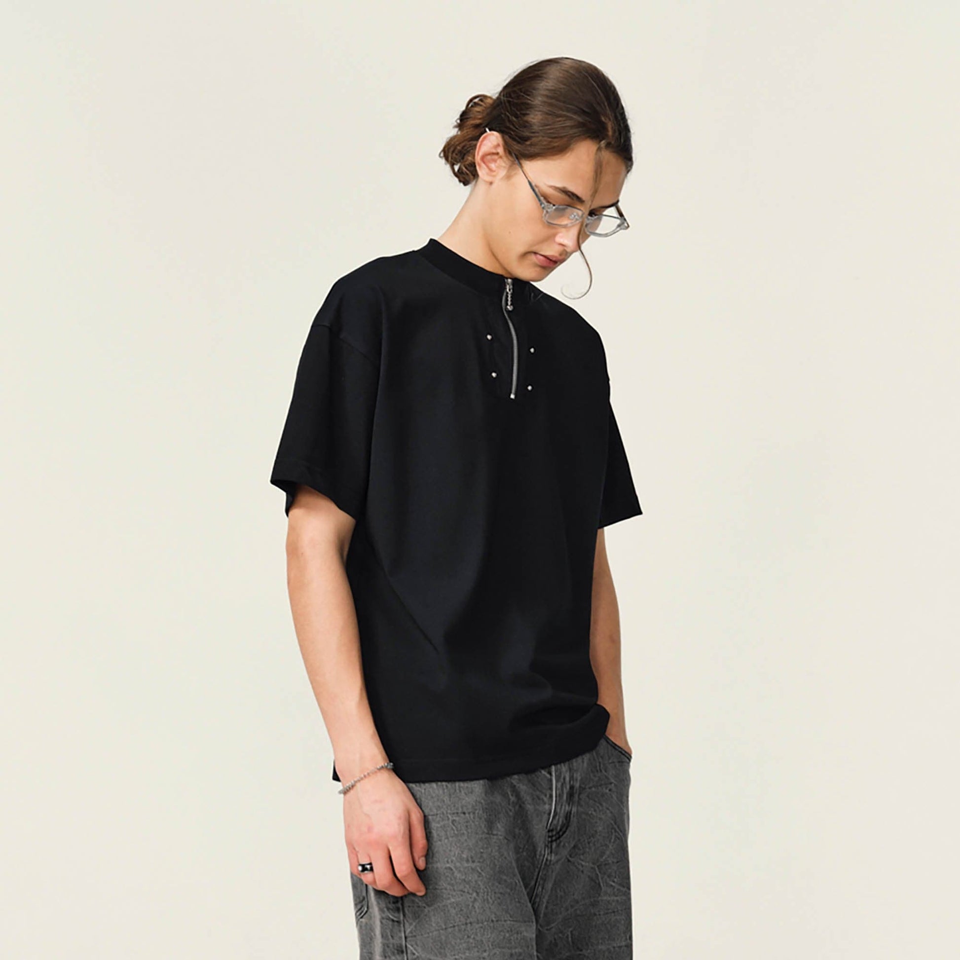 OVDY Half-Zip Rivet Sorona T-Shirt-T Shirt-S-Gray-Free Shipping Leatheretro