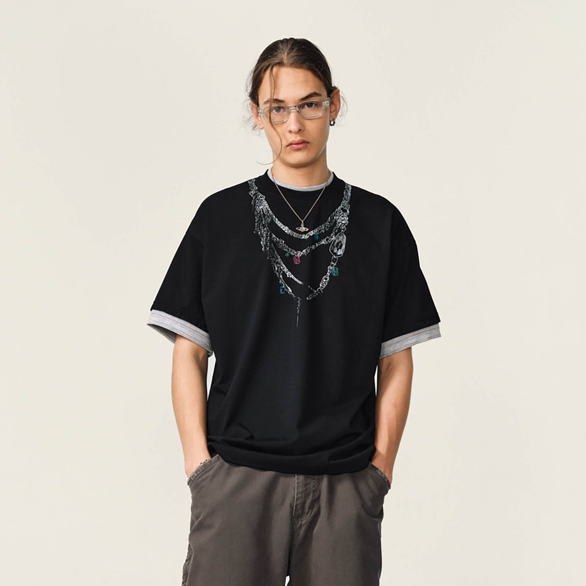 OVDY Chain Graphic Layered Sorona T-Shirt-T Shirt-S-Black-Free Shipping Leatheretro