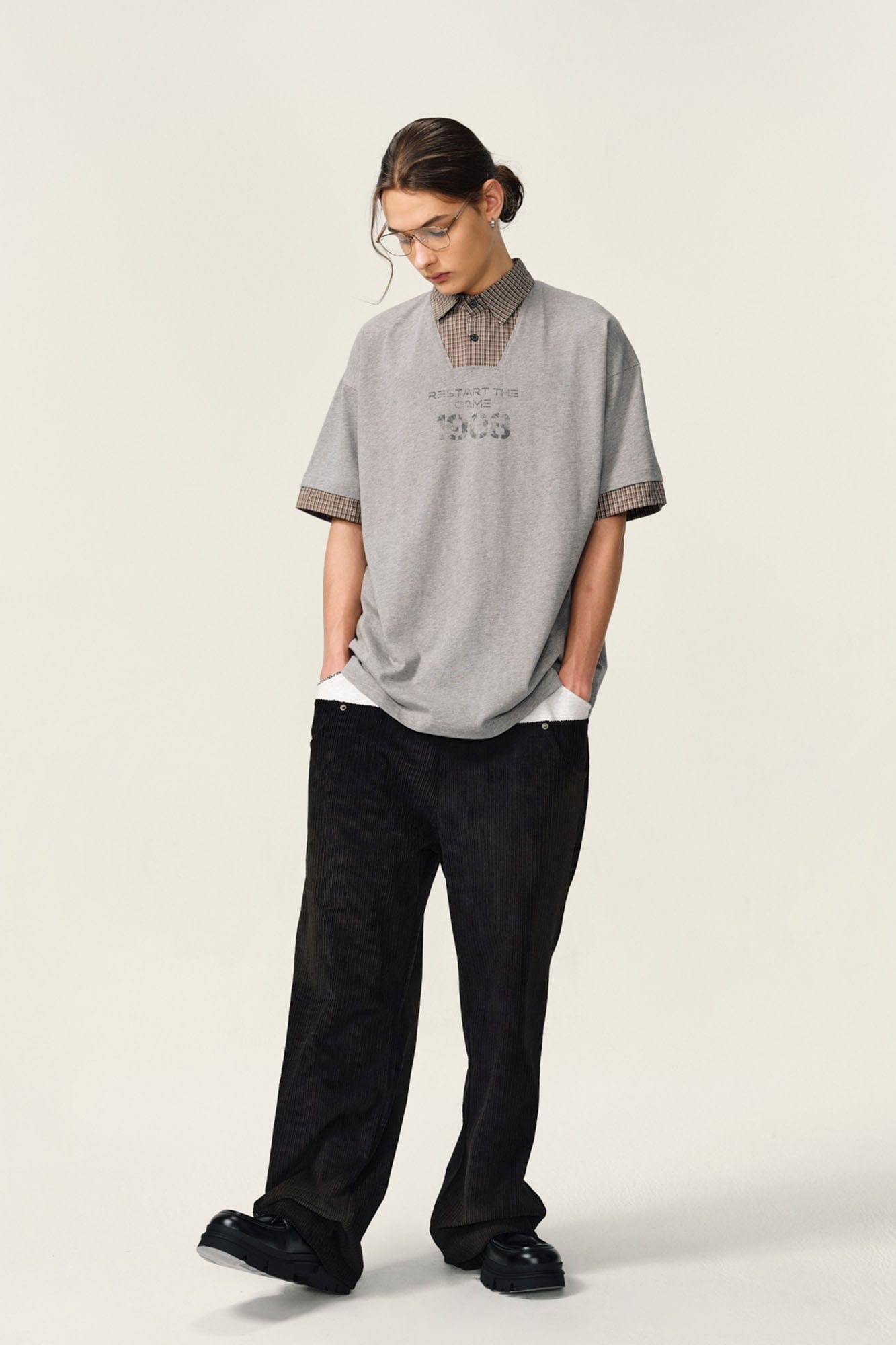 OVDY Layered Plaid Panel Mock Shirt T-Shirt-T Shirt-Black-S-Free Shipping Leatheretro