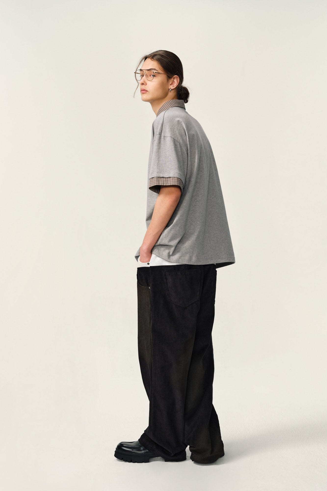 OVDY Layered Plaid Panel Mock Shirt T-Shirt-T Shirt-Black-S-Free Shipping Leatheretro