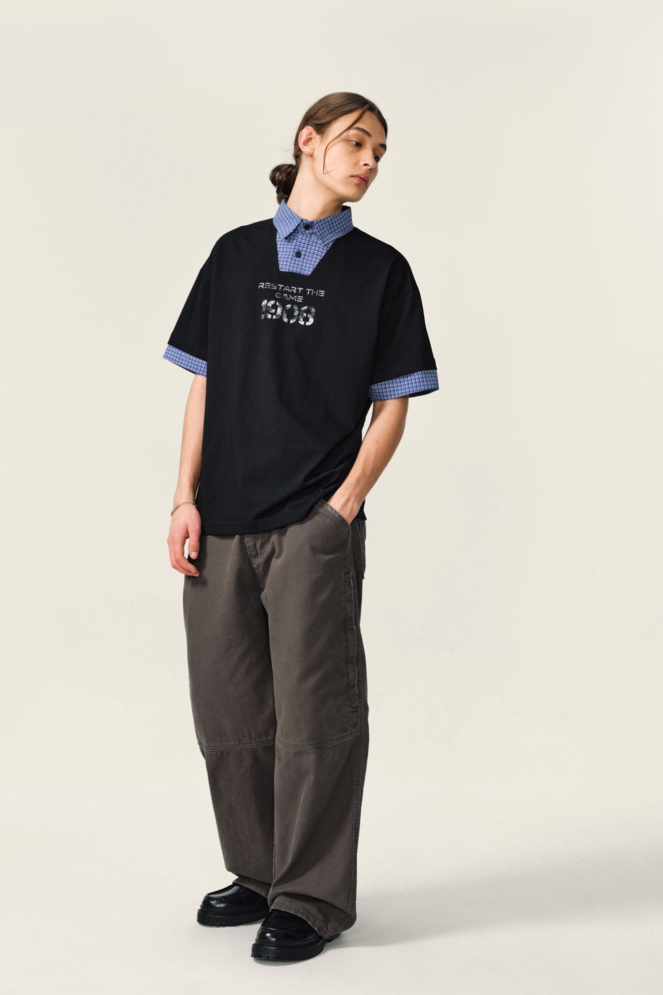 OVDY Layered Plaid Panel Mock Shirt T-Shirt-T Shirt-Black-S-Free Shipping Leatheretro