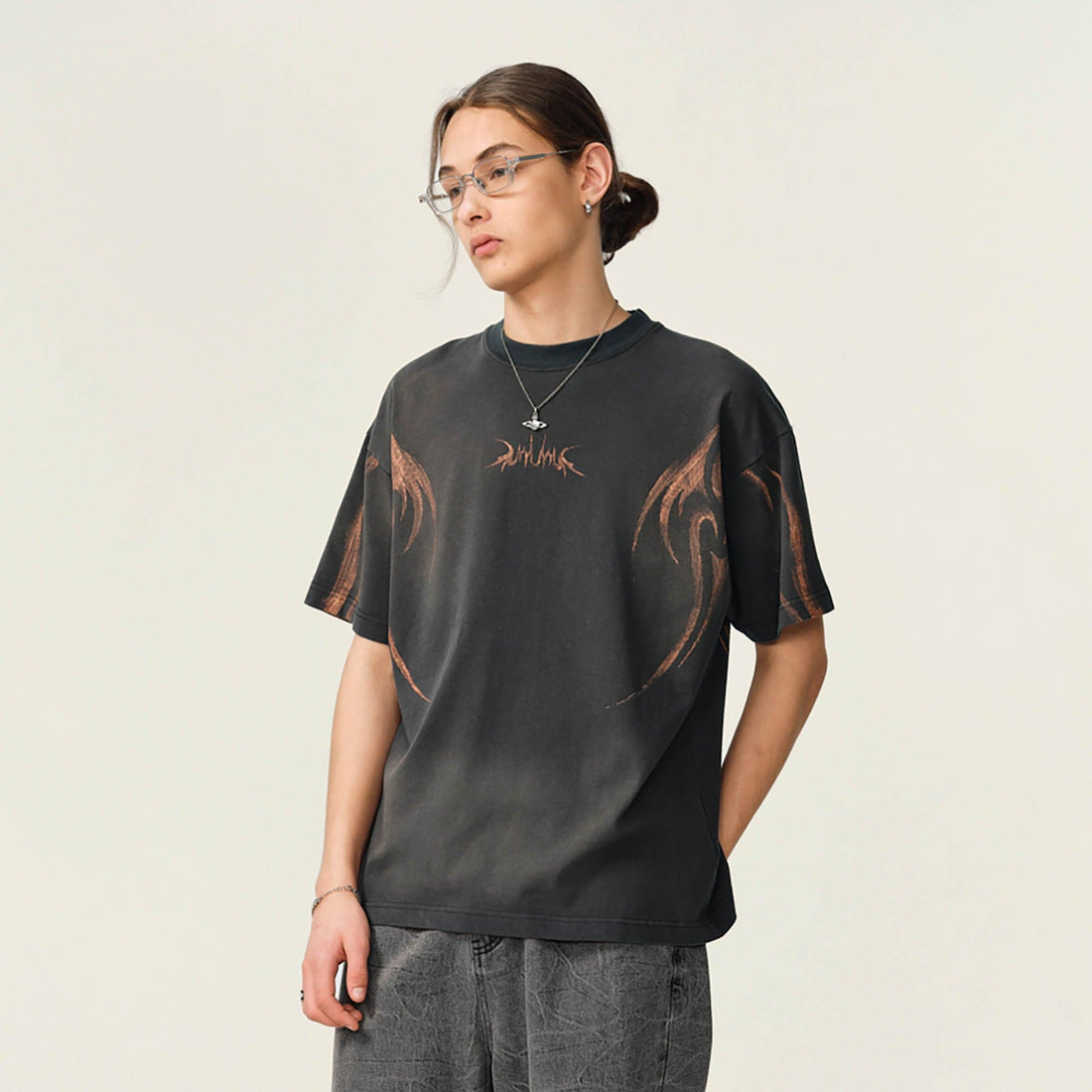 OVDY Tribal Flame Smoke-Washed T-Shirt-T Shirt-S-Apricot-Free Shipping Leatheretro