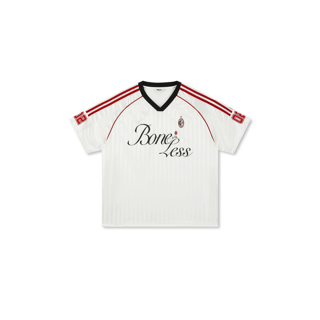 BONELESS Stripe Contrast V-Neck LOGO Jersey-T Shirt-One Size-Free Shipping Leatheretro