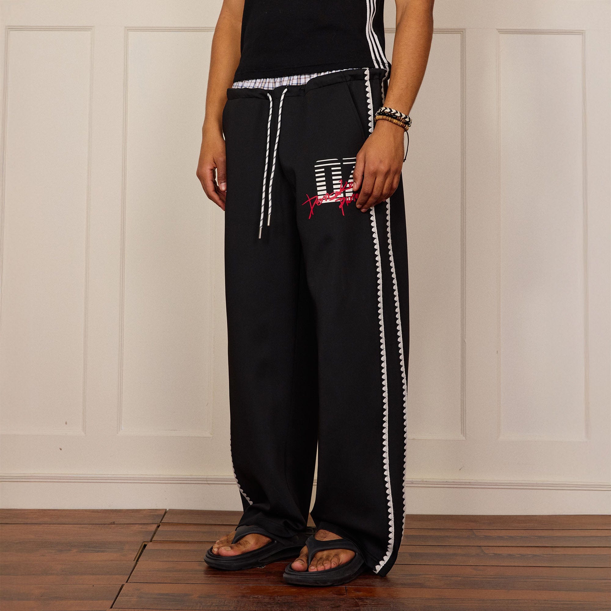 DONSMOKE Plaid Double-Waist Contrast Webbing Sweatpants-Pants-S-Red-Free Shipping Leatheretro