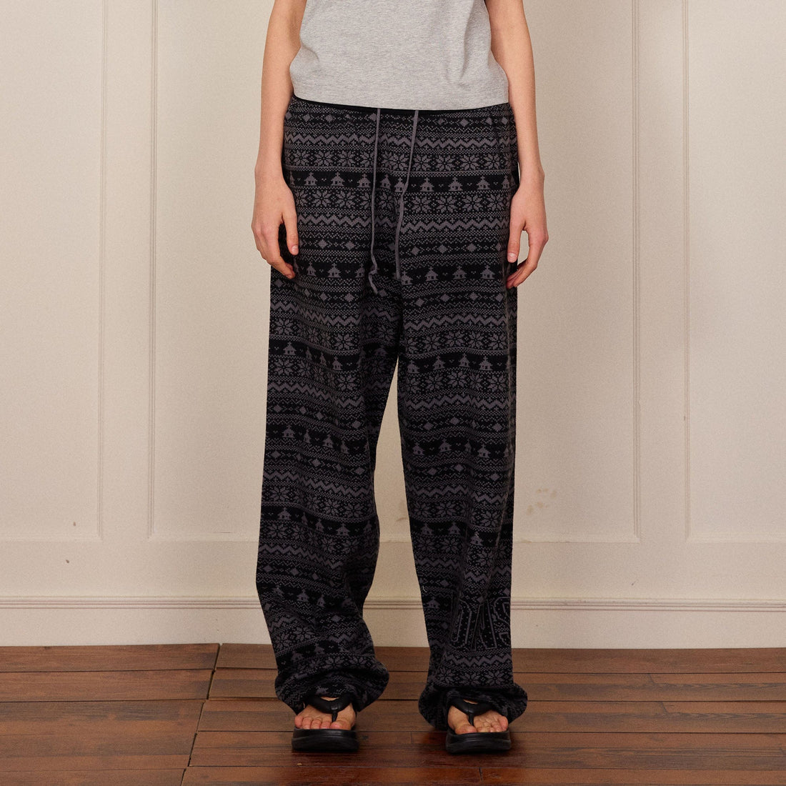 DONSMOKE Fair Isle Knit Wide-Leg Pants-Pants-S-Gray-Free Shipping Leatheretro