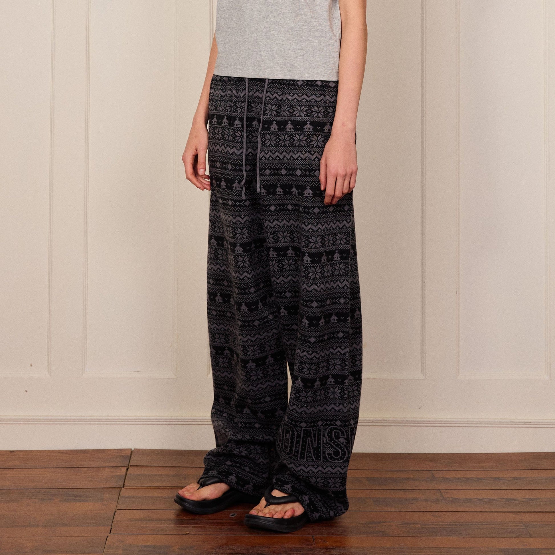 DONSMOKE Fair Isle Knit Wide-Leg Pants-Pants-S-Gray-Free Shipping Leatheretro