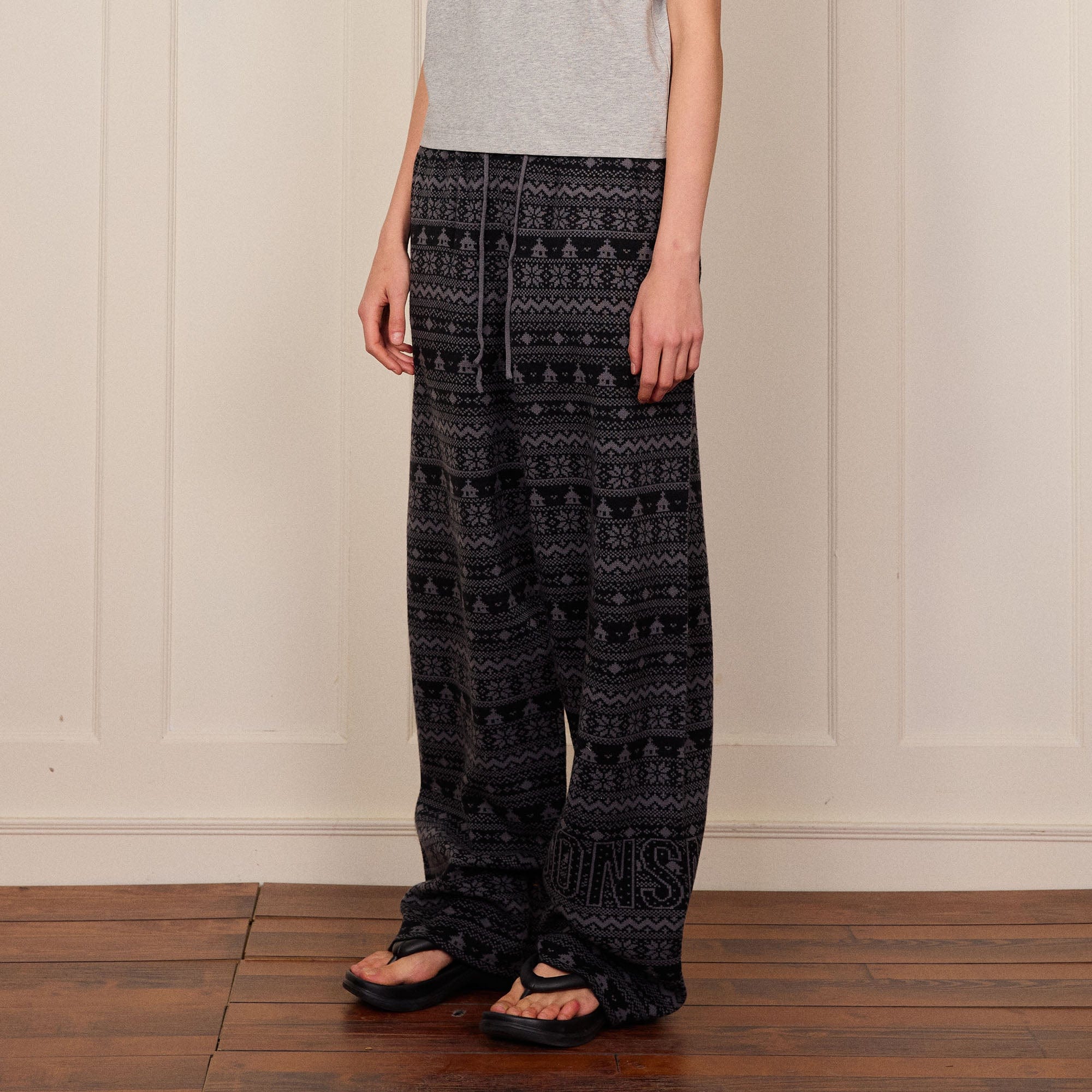DONSMOKE Fair Isle Knit Wide-Leg Pants-Pants-S-Gray-Free Shipping Leatheretro