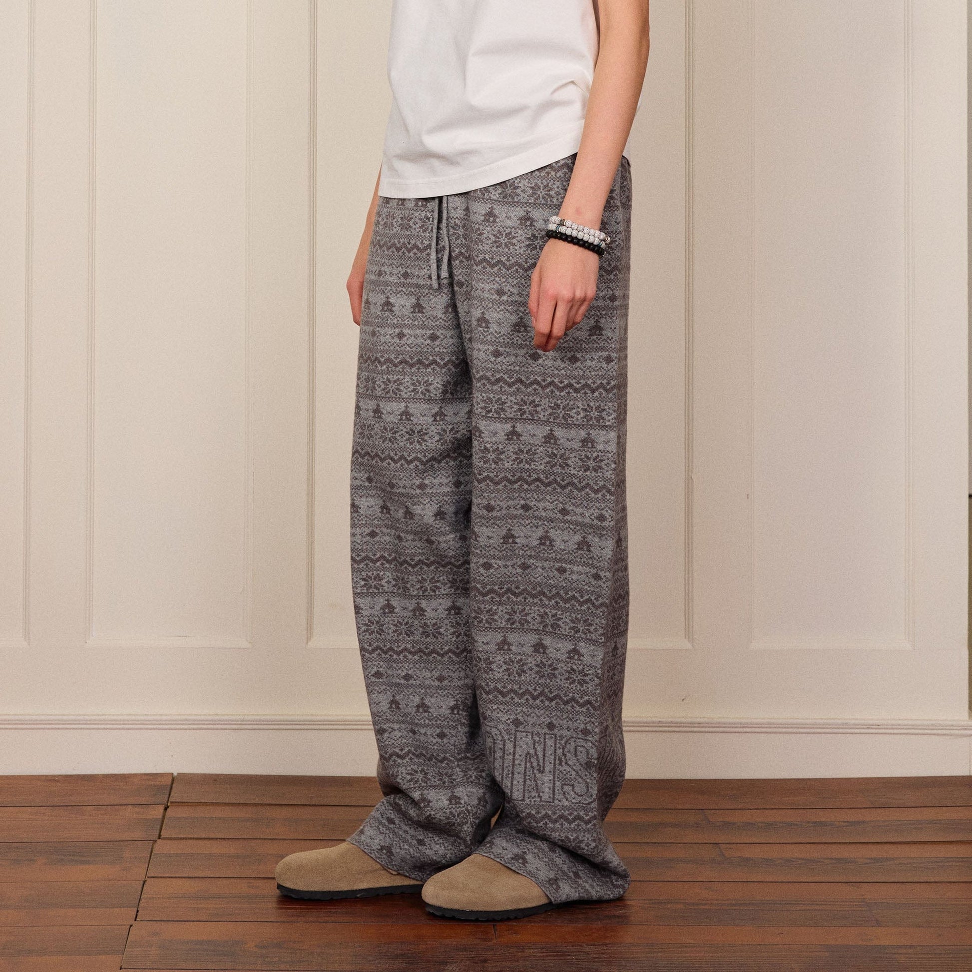 DONSMOKE Fair Isle Knit Wide-Leg Pants-Pants-S-Gray-Free Shipping Leatheretro