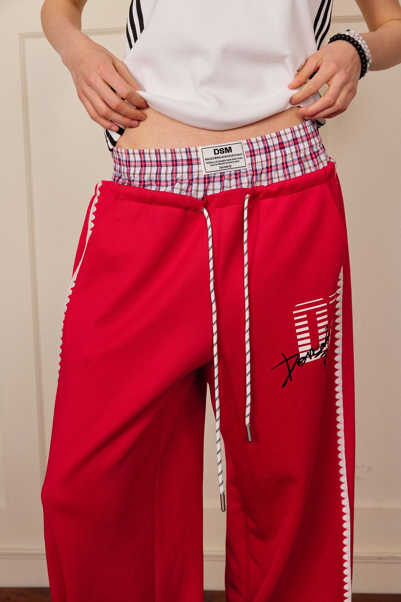 DONSMOKE Plaid Double-Waist Contrast Webbing Sweatpants-Pants-S-Red-Free Shipping Leatheretro