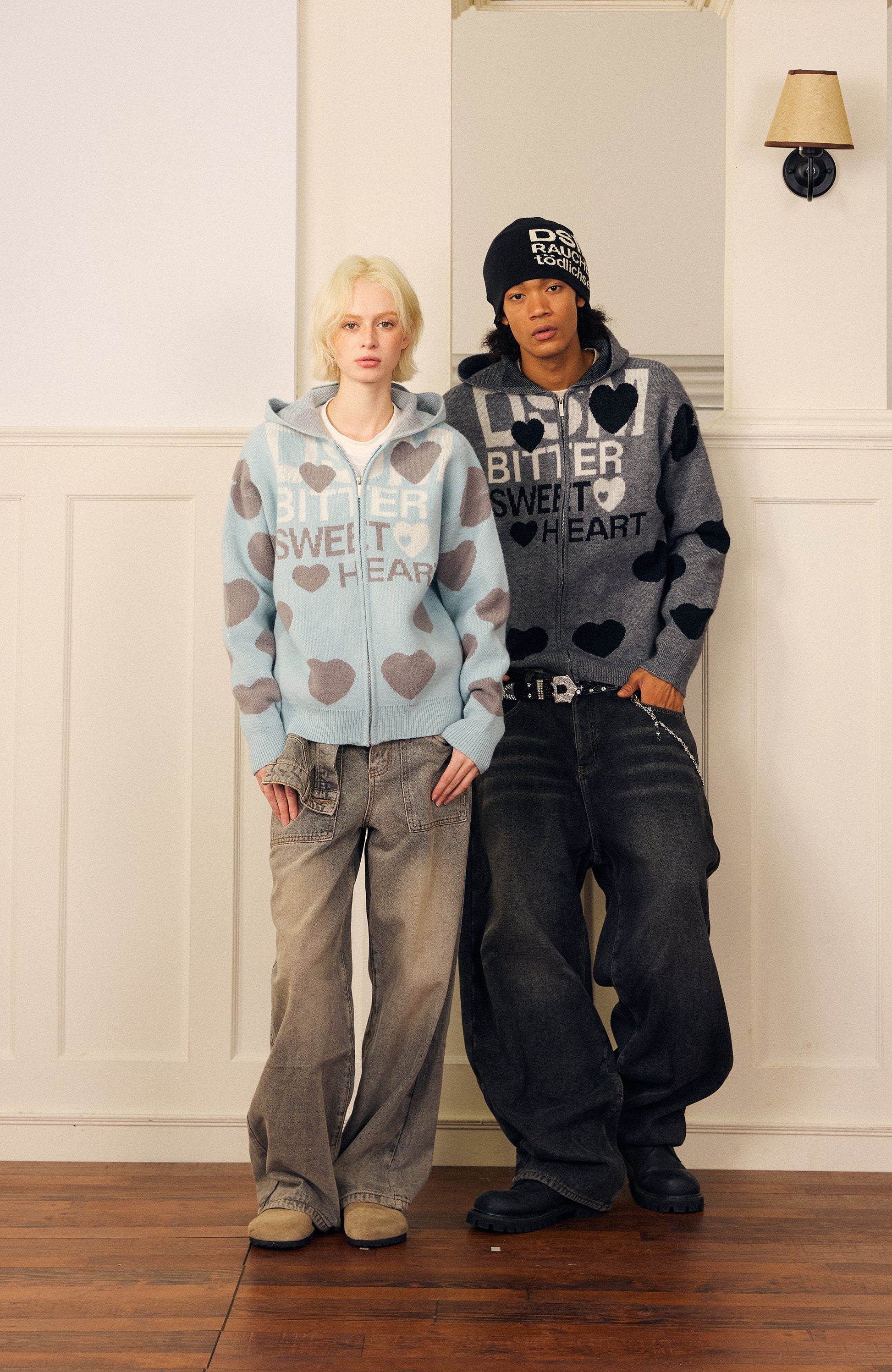 DONSMOKE Heart Full-Print Knit Zip-Up Hoodie-Jacket-S (Preorder)-Gray-Free Shipping Leatheretro