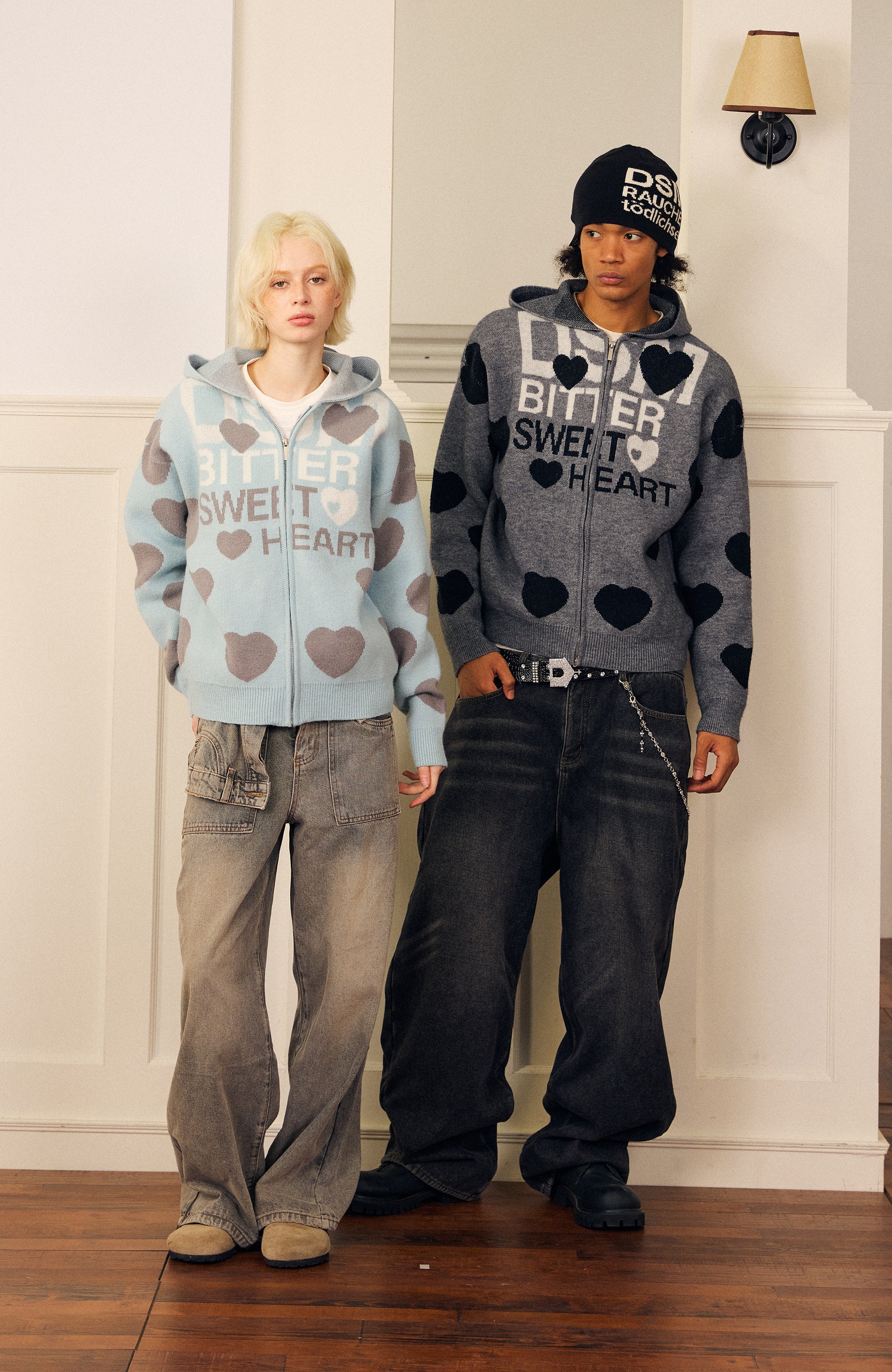 DONSMOKE Heart Full-Print Knit Zip-Up Hoodie-Jacket-S (Preorder)-Gray-Free Shipping Leatheretro