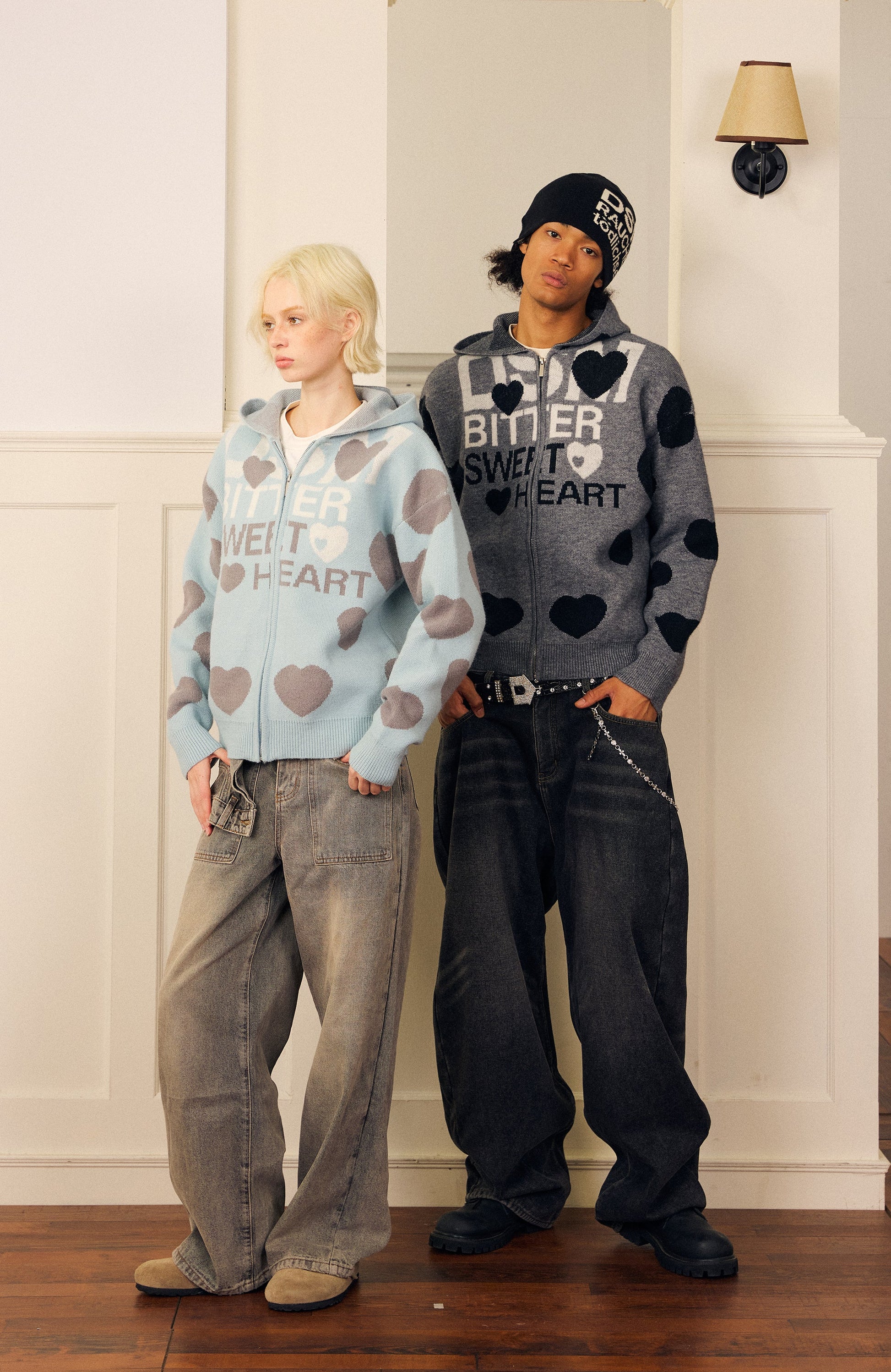 DONSMOKE Heart Full-Print Knit Zip-Up Hoodie-Jacket-S (Preorder)-Gray-Free Shipping Leatheretro