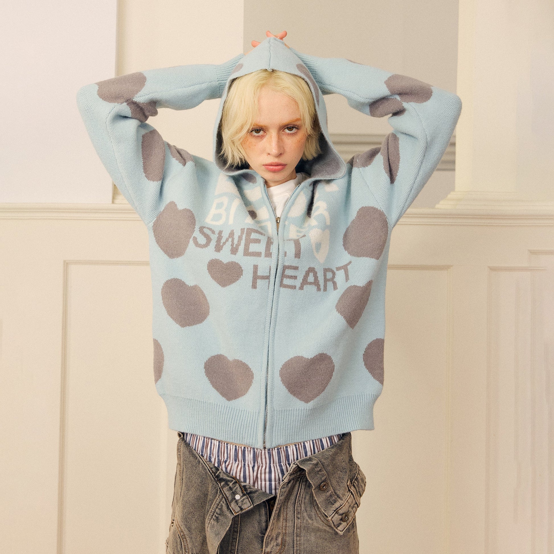 DONSMOKE Heart Full-Print Knit Zip-Up Hoodie-Jacket-S (Preorder)-Gray-Free Shipping Leatheretro
