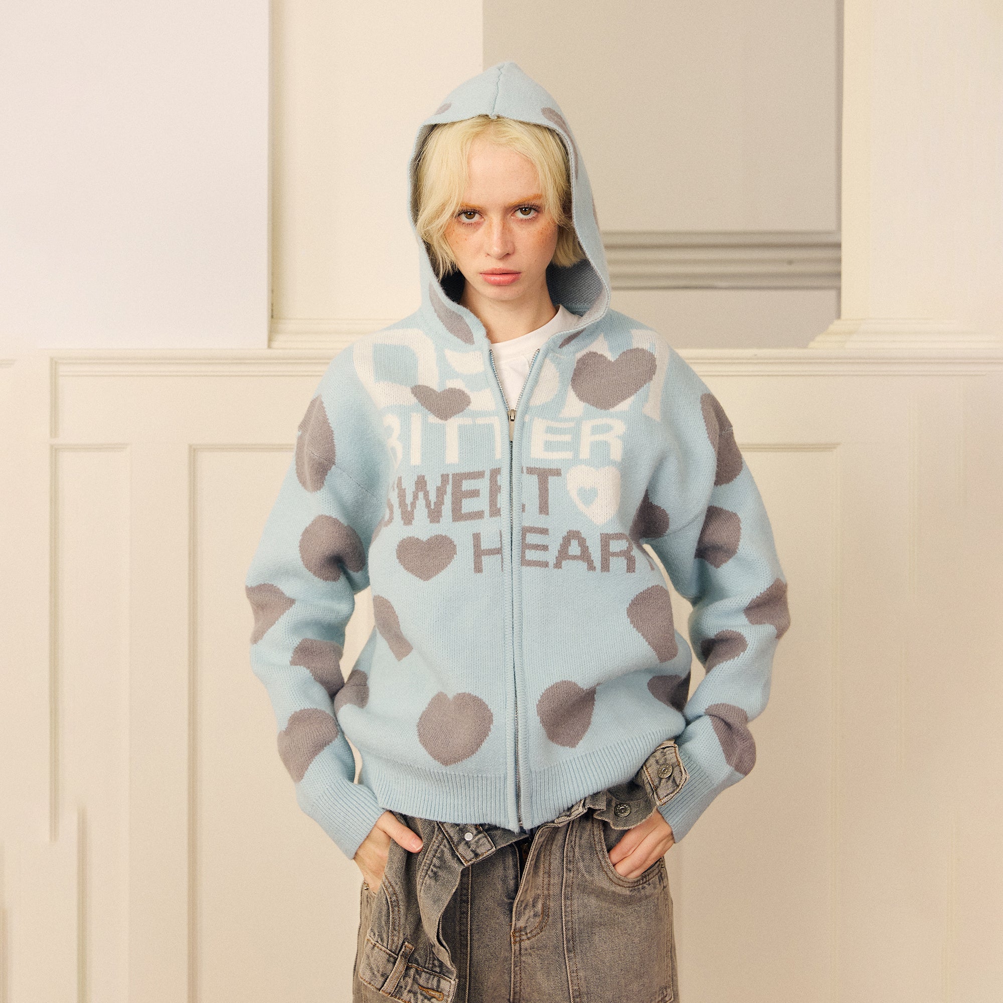 DONSMOKE Heart Full-Print Knit Zip-Up Hoodie-Jacket-S (Preorder)-Blue-Free Shipping Leatheretro