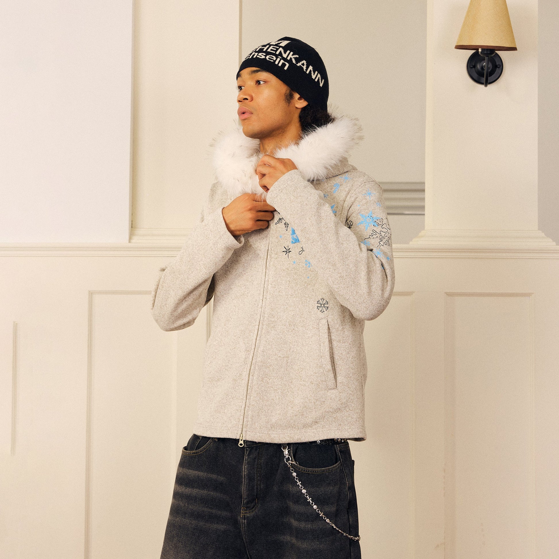 DONSMOKE Snowflake Embroidered Fleece-Lined Zip-Up Hoodie-Jacket-S (Preorder)-Gray-Free Shipping Leatheretro