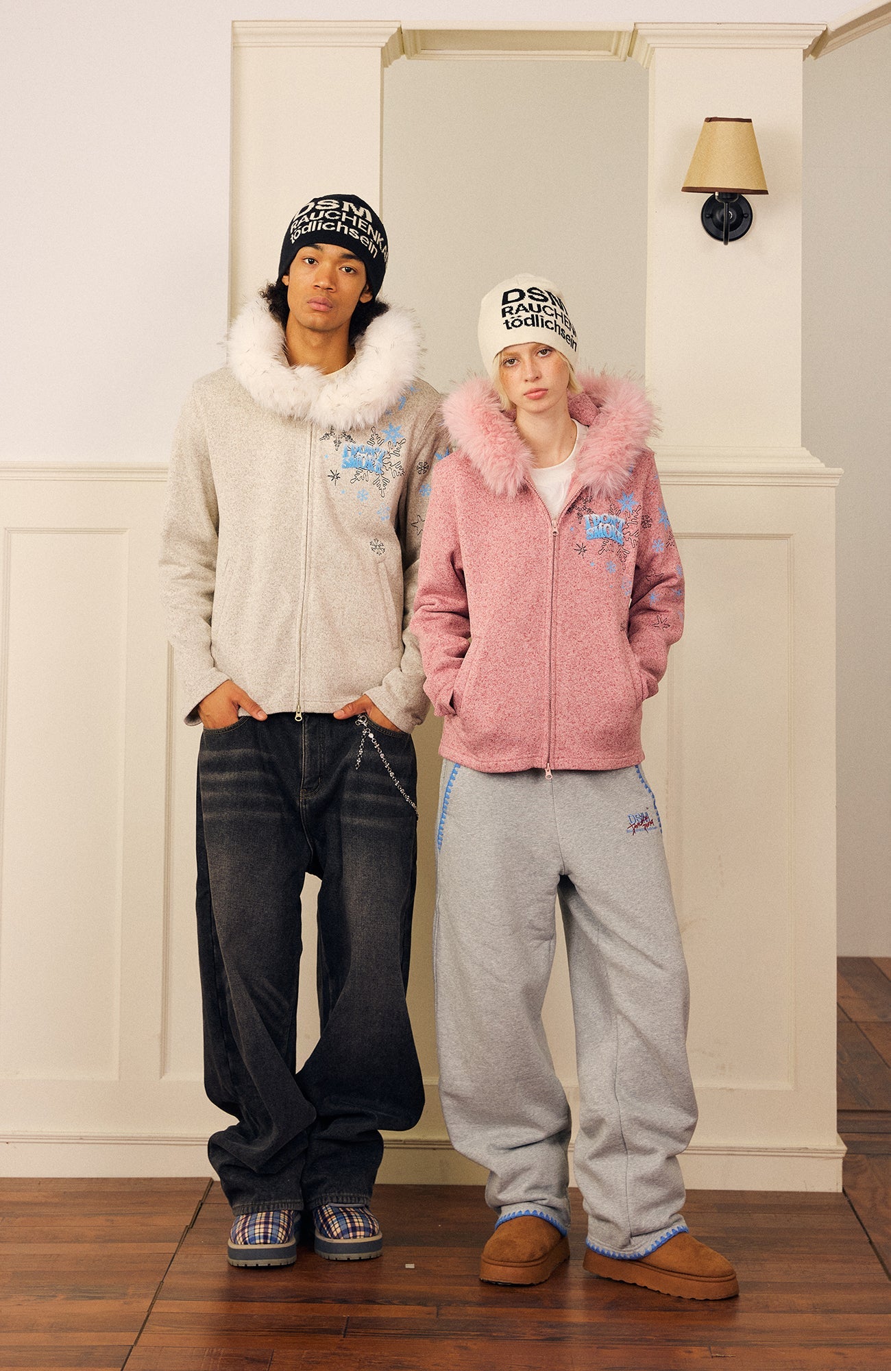 DONSMOKE Snowflake Embroidered Fleece-Lined Zip-Up Hoodie-Jacket-S (Preorder)-Gray-Free Shipping Leatheretro