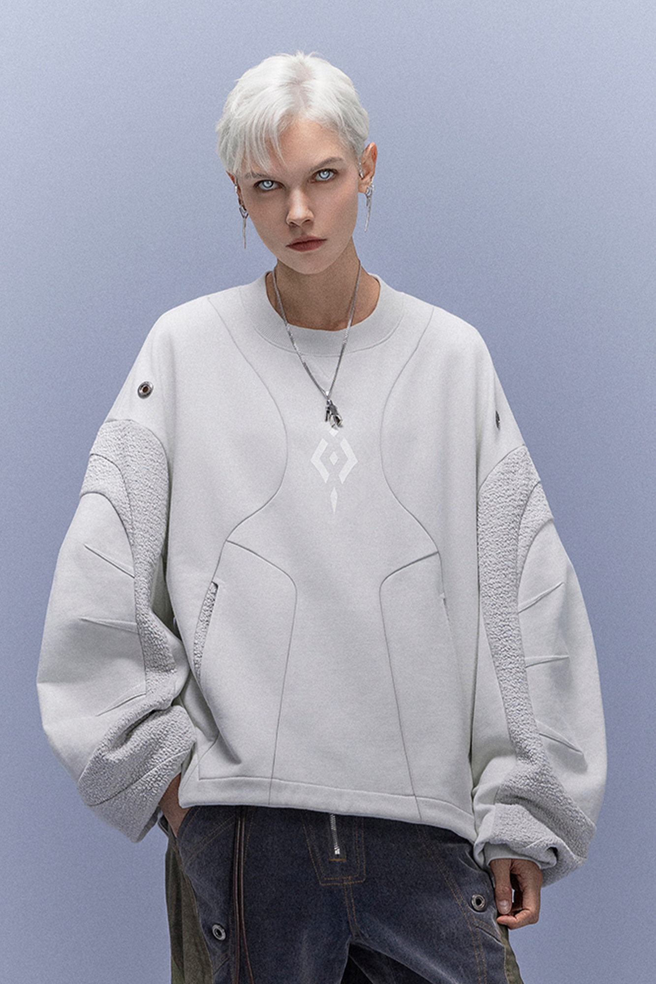 XIPHEVIL Utility Paneled Crewneck Sweatshirt White-Sweatshirt-XS-Free Shipping Leatheretro