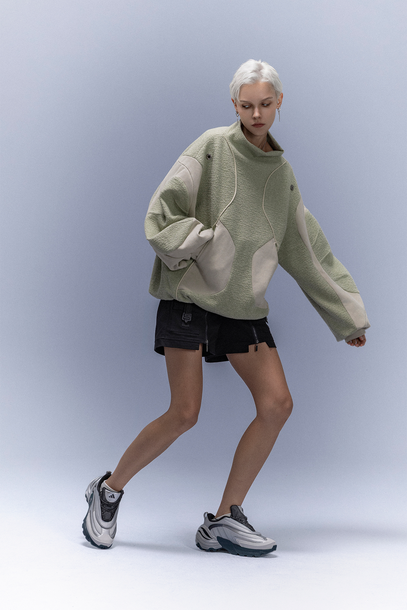 XIPHEVIL Fleece-Panel Saber-Sleeve Sweatshirt Green-Sweatshirt-XS-Free Shipping Leatheretro