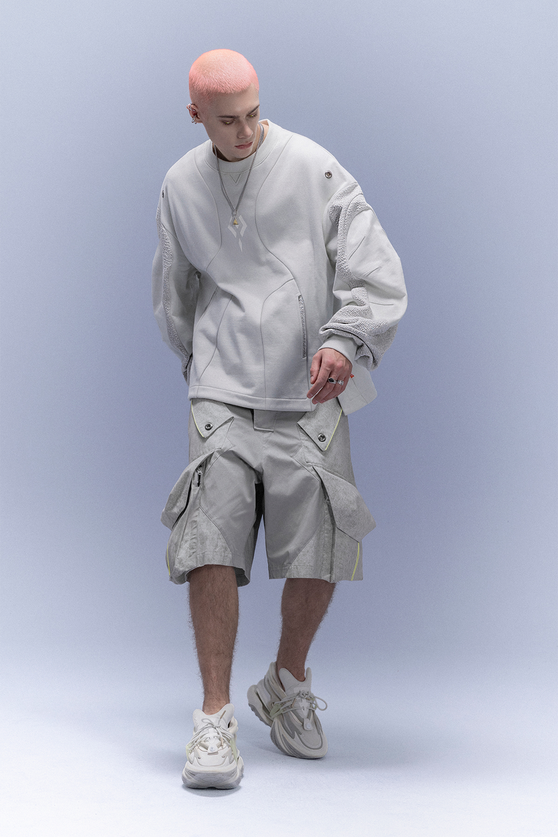 XIPHEVIL Utility Paneled Crewneck Sweatshirt White-Sweatshirt-XS-Free Shipping Leatheretro