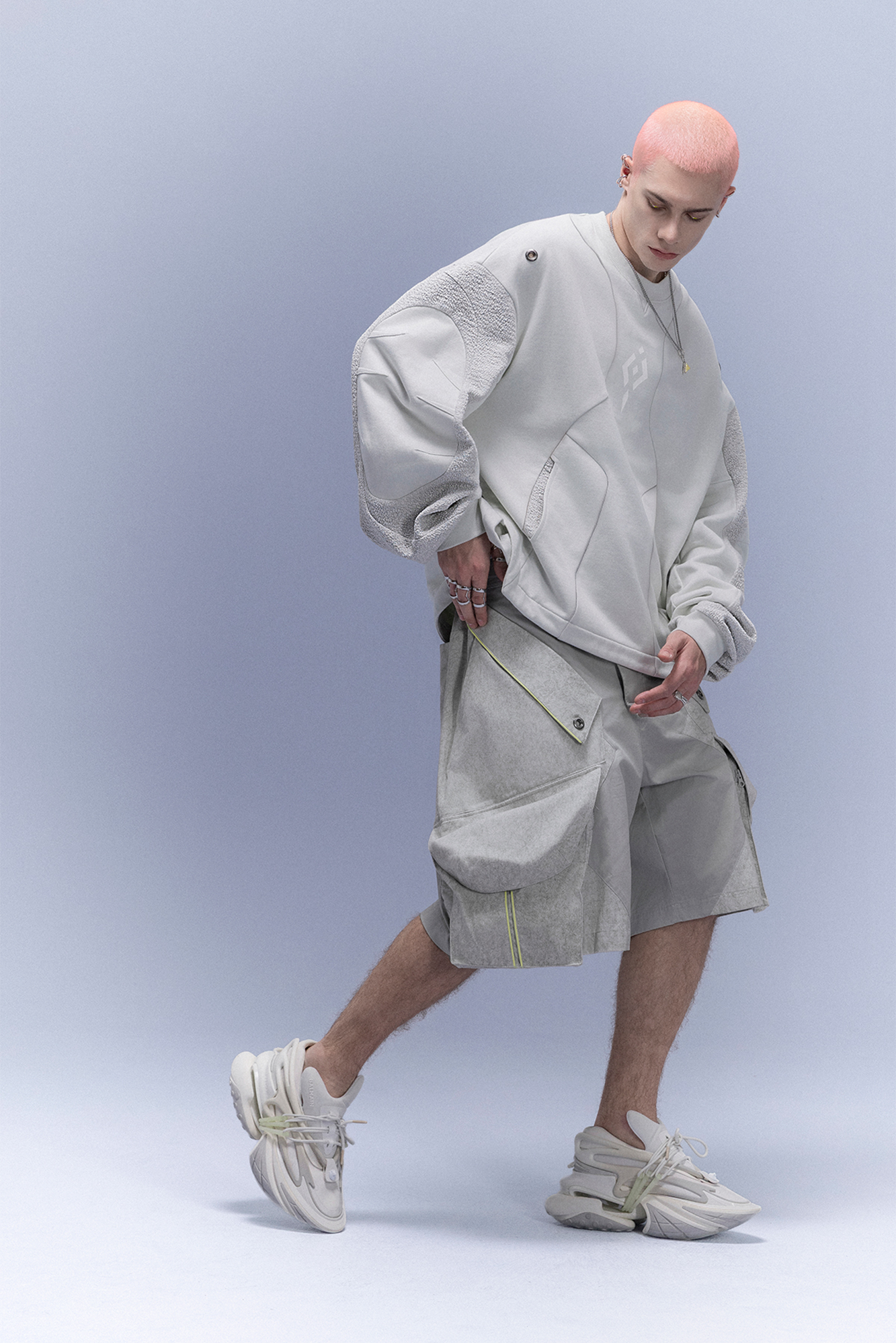 XIPHEVIL Utility Paneled Crewneck Sweatshirt White-Sweatshirt-XS-Free Shipping Leatheretro