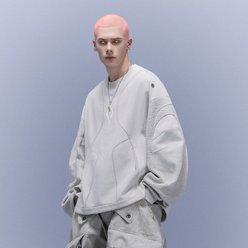 XIPHEVIL Utility Paneled Crewneck Sweatshirt White-Sweatshirt-XS-Free Shipping Leatheretro