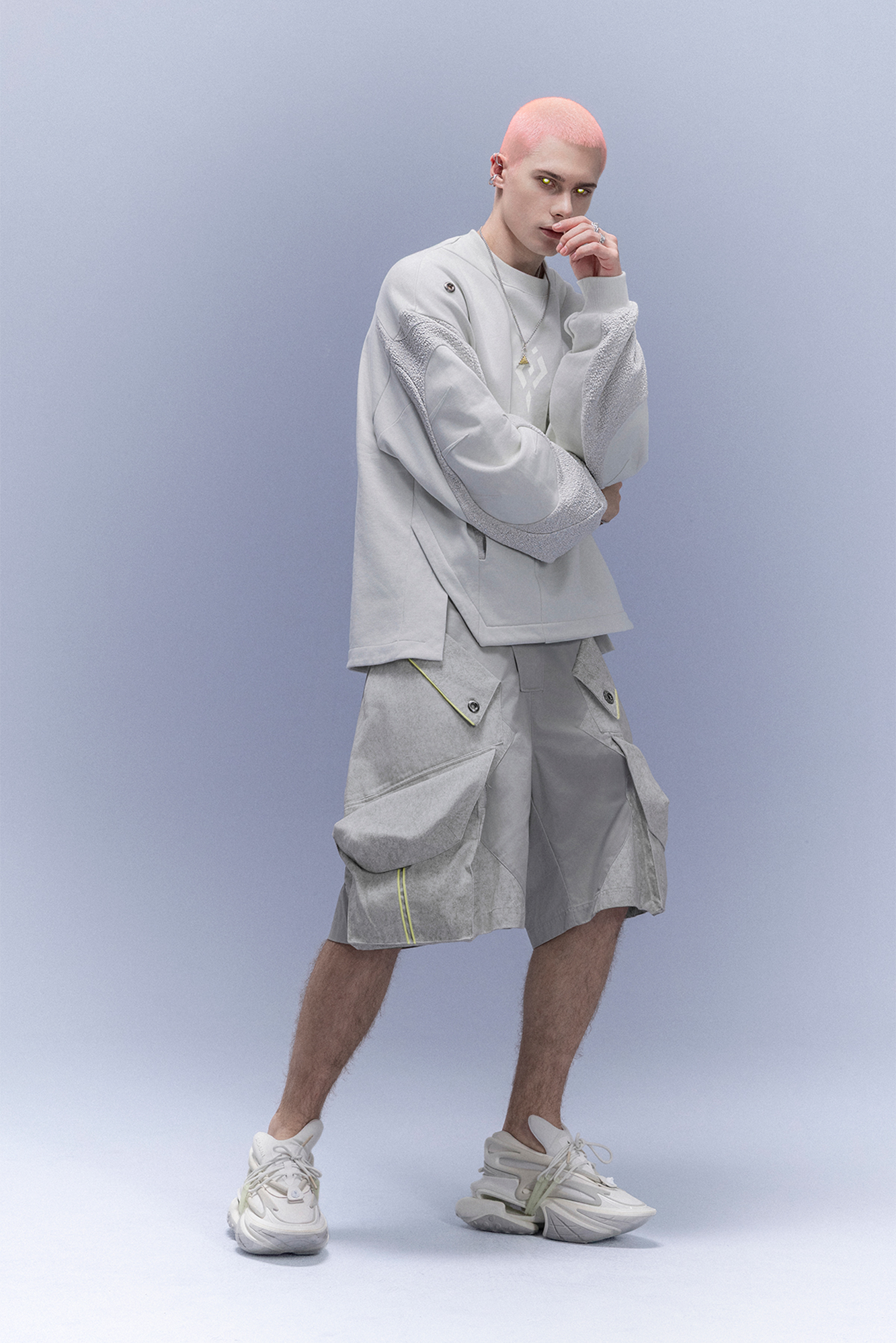 XIPHEVIL Utility Paneled Crewneck Sweatshirt White-Sweatshirt-XS-Free Shipping Leatheretro