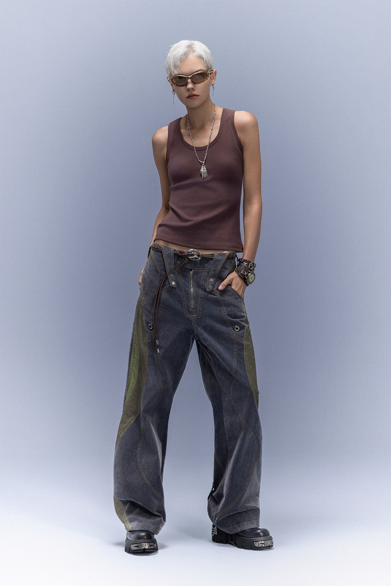 XIPHEVIL Washed Rivet Paneled Wide-Leg Pants-Pants-XS-Free Shipping Leatheretro