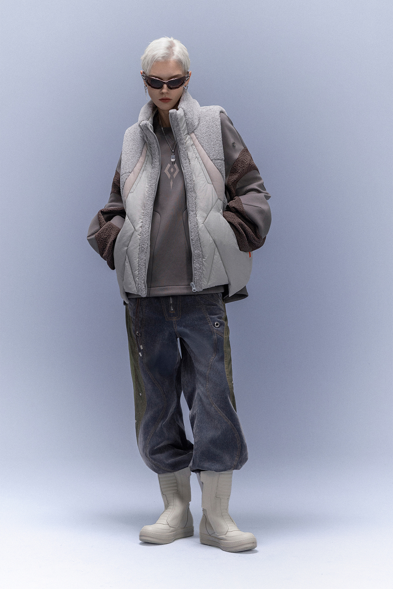 XIPHEVIL High-Neck Fleece-Panel Vest Light Gray-Vest-XS-Free Shipping Leatheretro