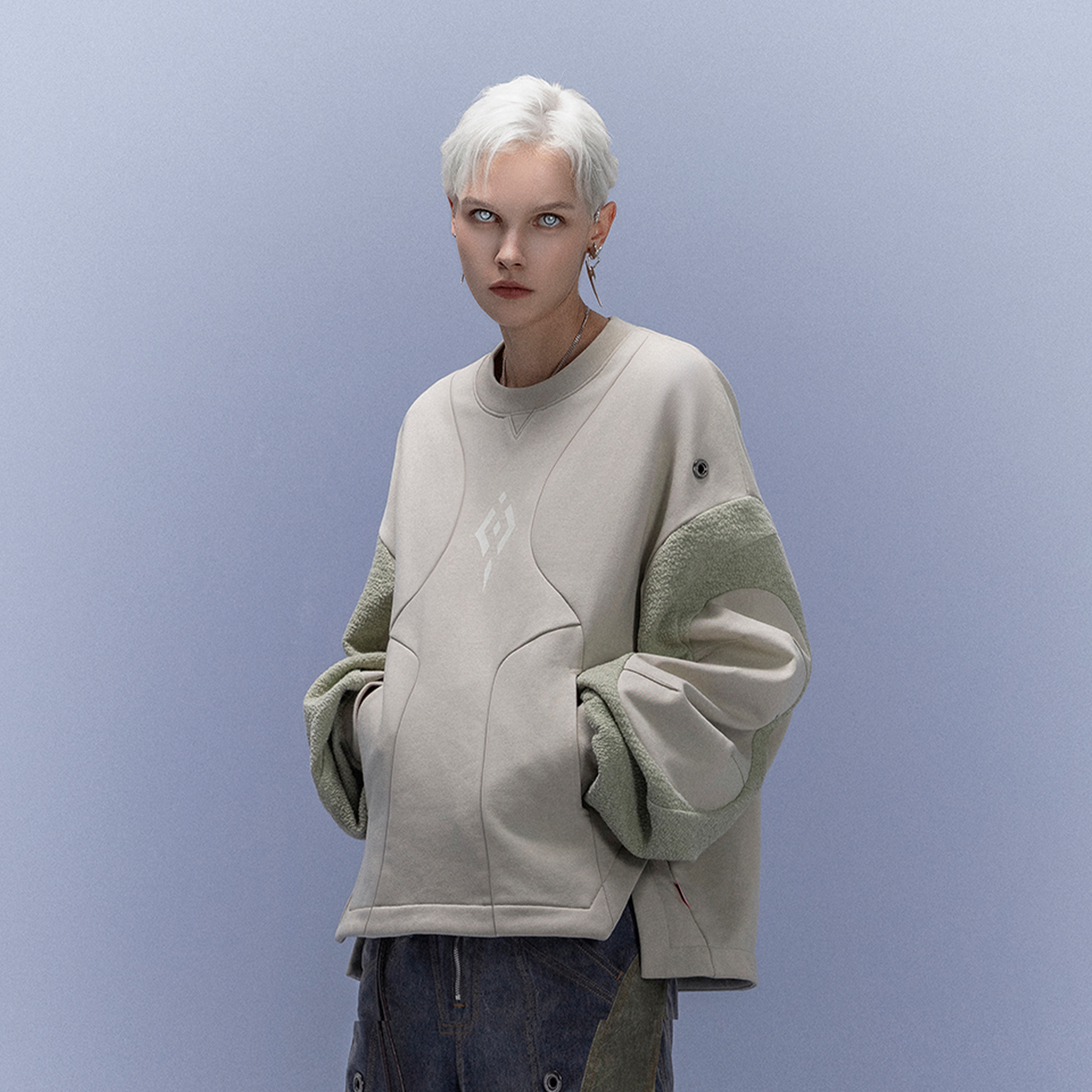 XIPHEVIL Utility Paneled Crewneck Sweatshirt Green-Sweatshirt-XS-Free Shipping Leatheretro