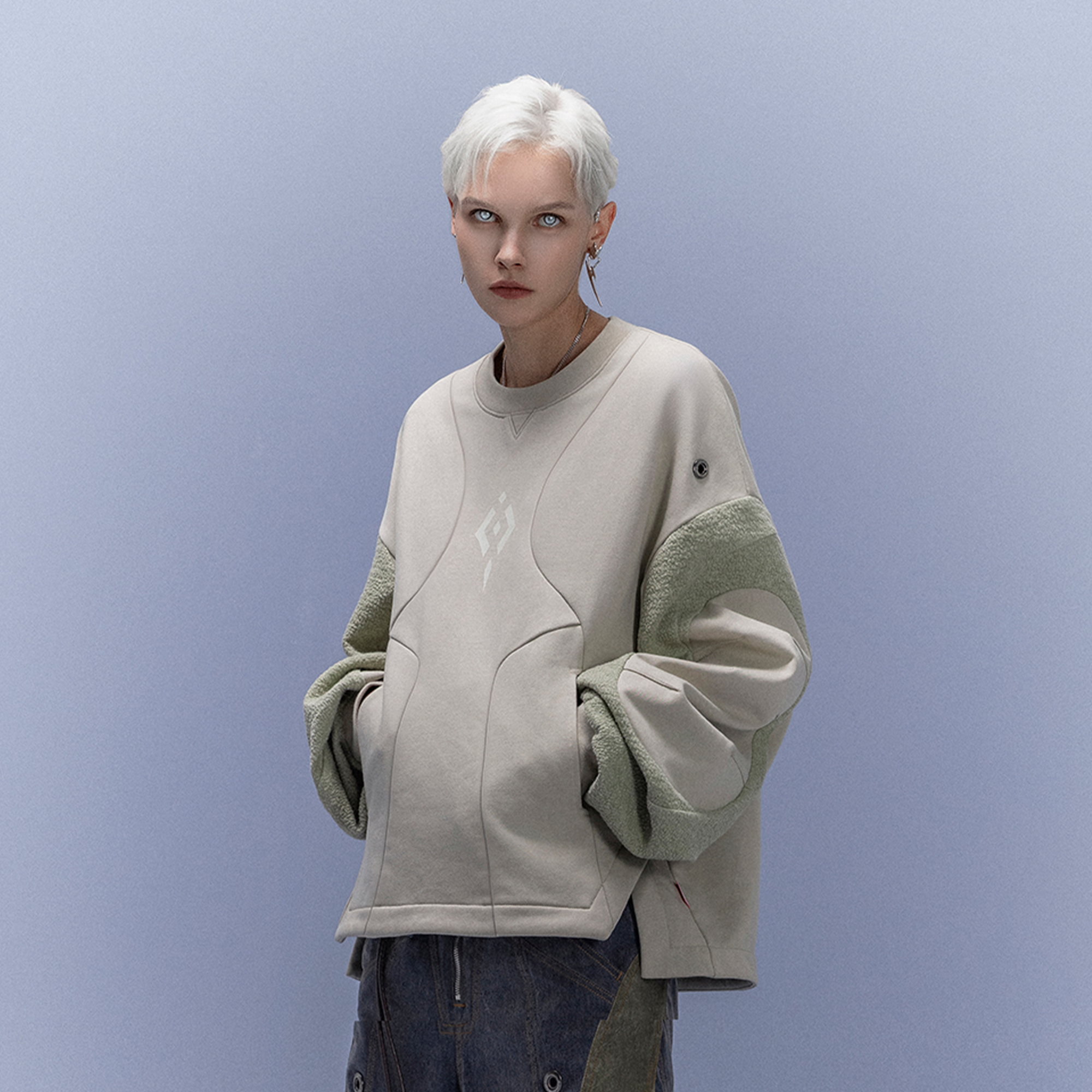 XIPHEVIL Utility Paneled Crewneck Sweatshirt Green-Sweatshirt-XS-Free Shipping Leatheretro