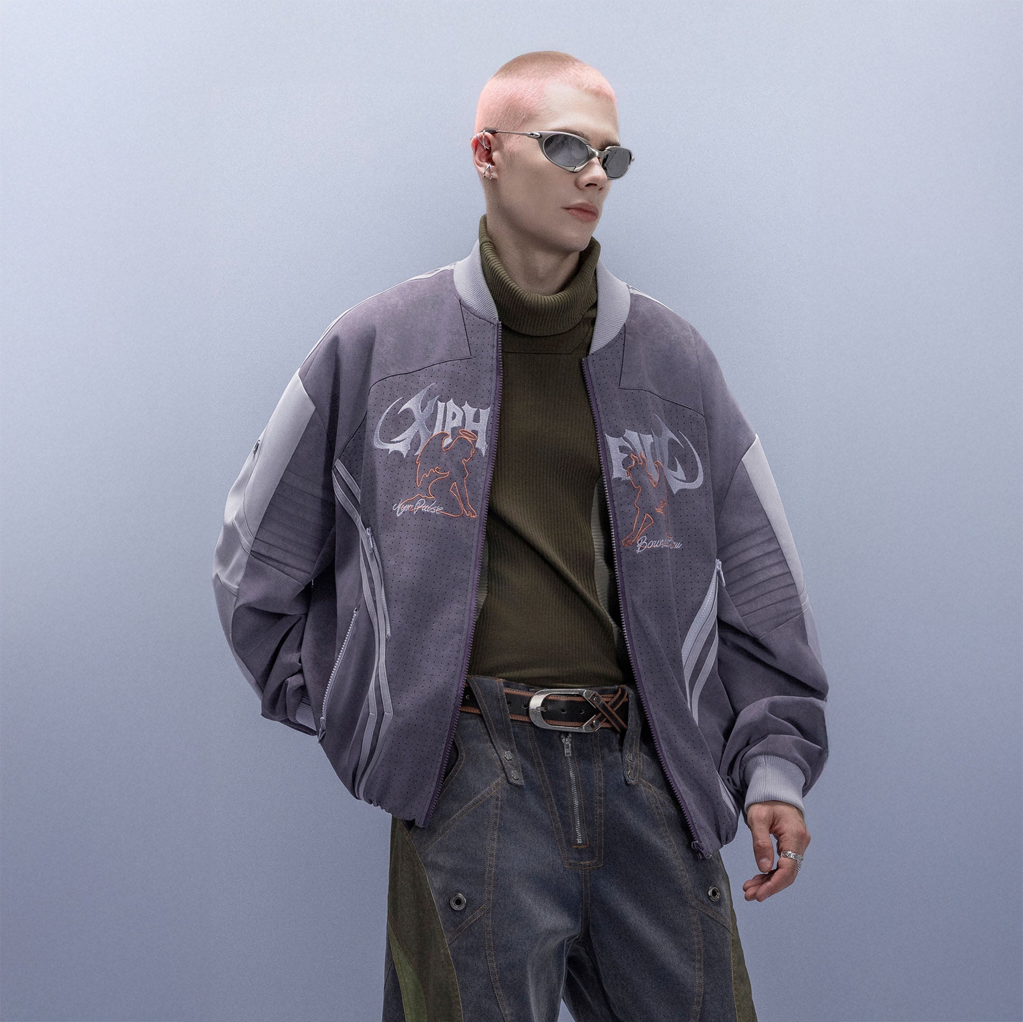 XIPHEVIL Faux Suede Embroidered LOGO Bomber Purple-Jacket-XS-Free Shipping Leatheretro