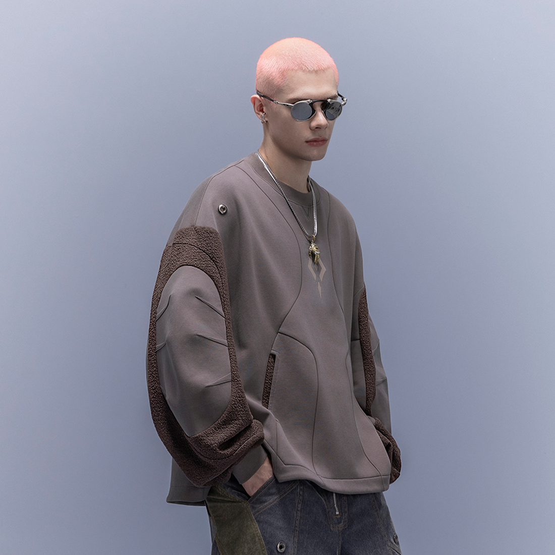 XIPHEVIL Utility Paneled Crewneck Sweatshirt Coffee-Sweatshirt-XS-Free Shipping Leatheretro