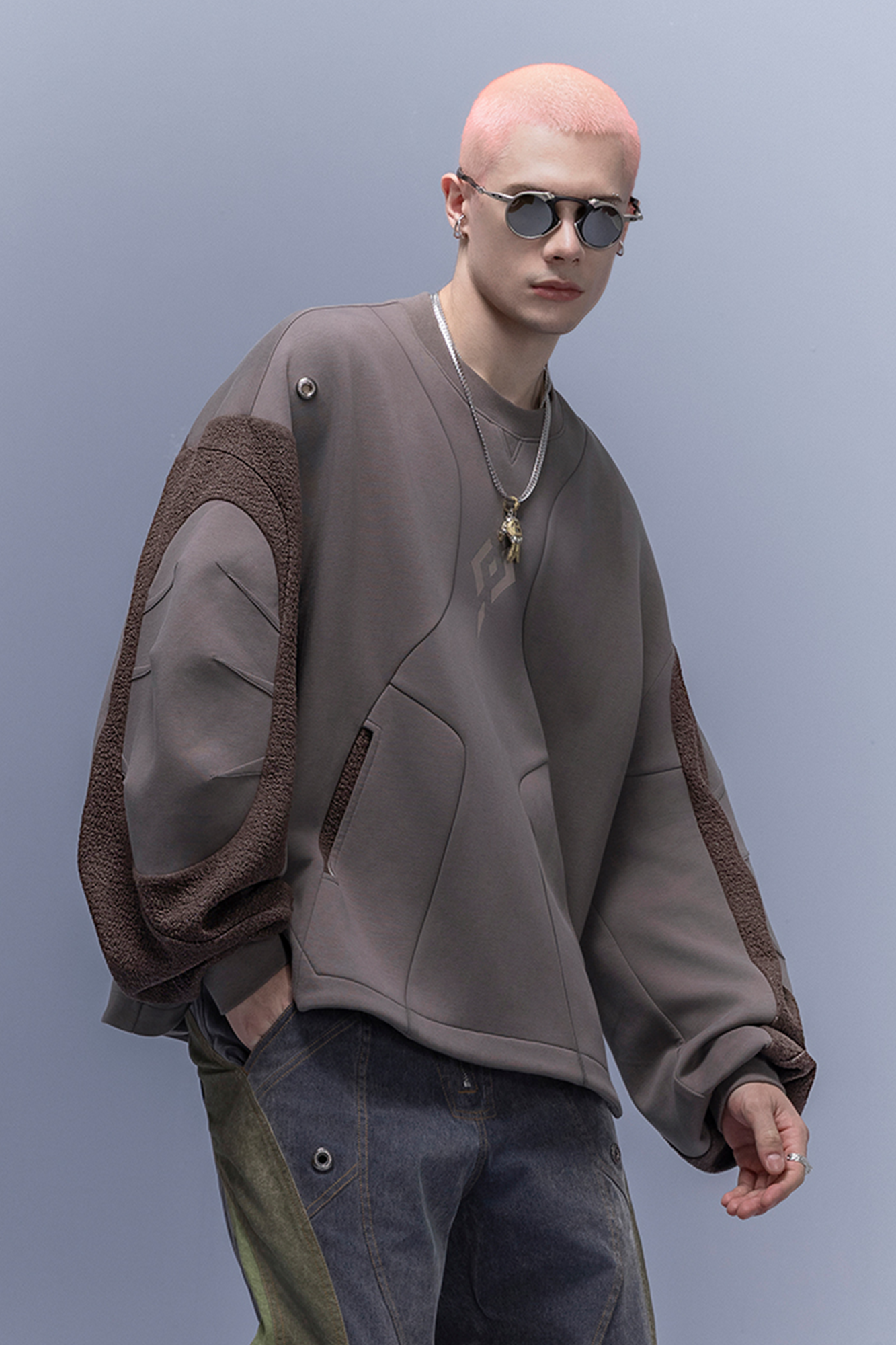 XIPHEVIL Utility Paneled Crewneck Sweatshirt Coffee-Sweatshirt-XS-Free Shipping Leatheretro