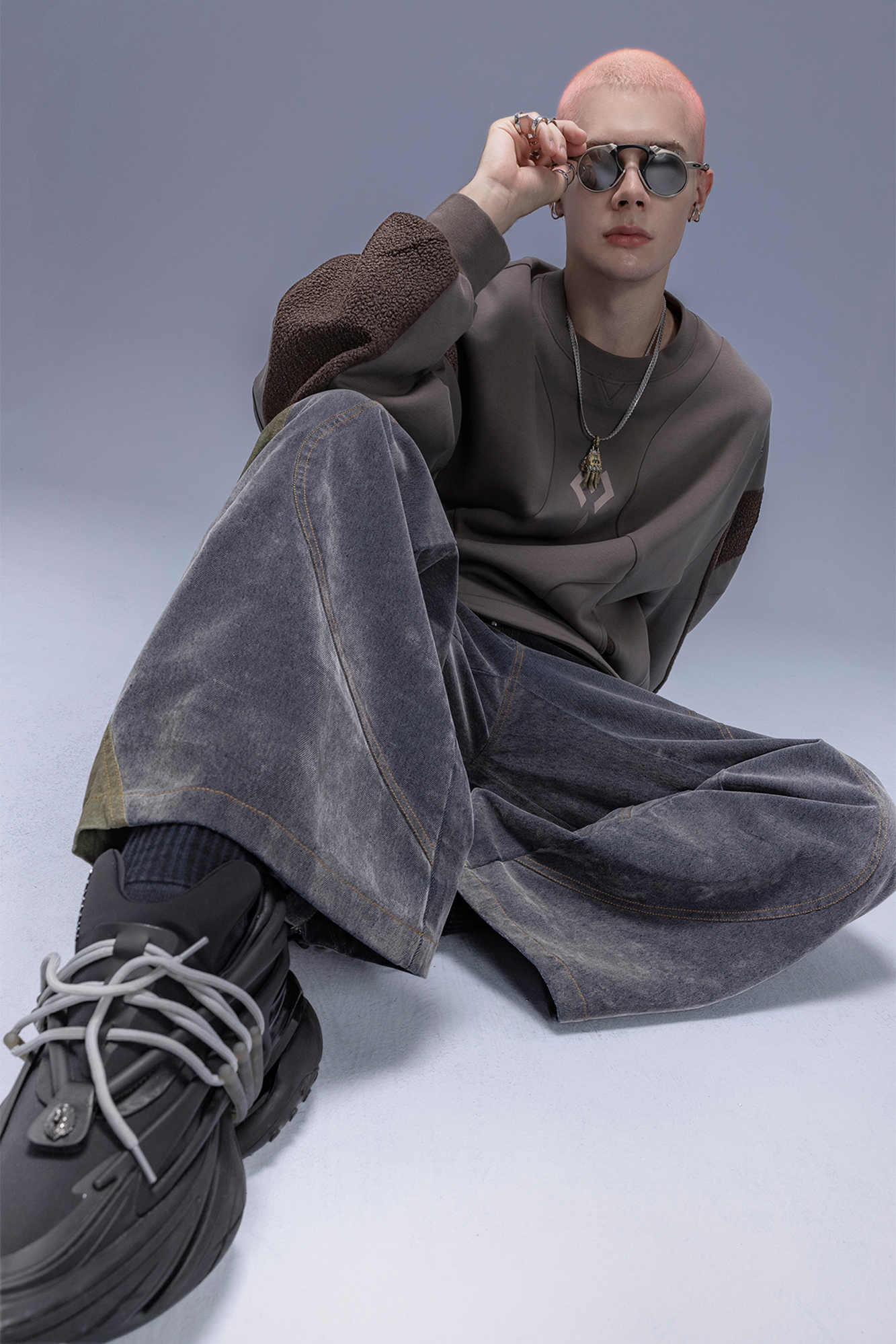 XIPHEVIL Utility Paneled Crewneck Sweatshirt Coffee-Sweatshirt-XS-Free Shipping Leatheretro