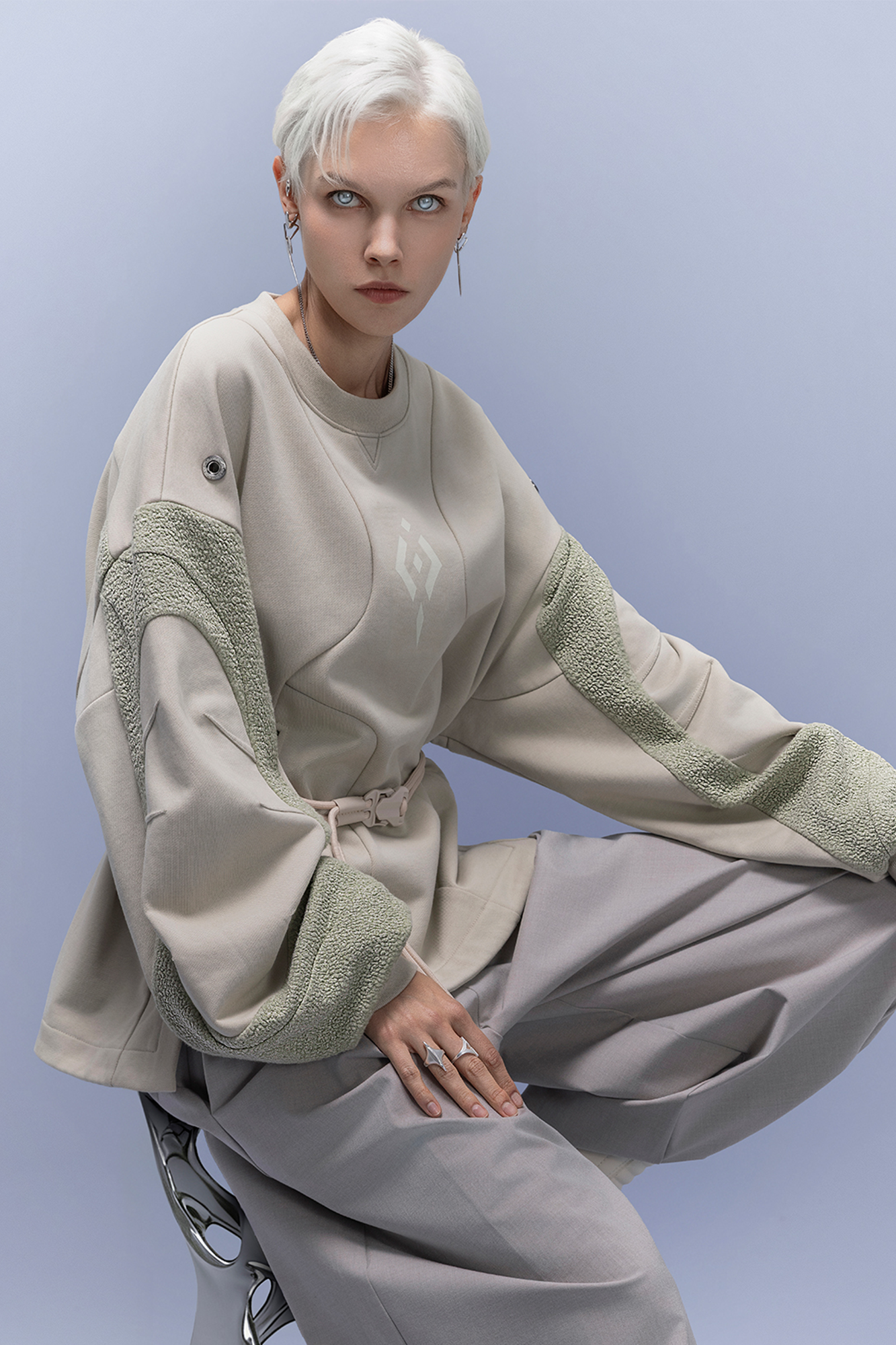 XIPHEVIL Utility Paneled Crewneck Sweatshirt Green-Sweatshirt-XS-Free Shipping Leatheretro