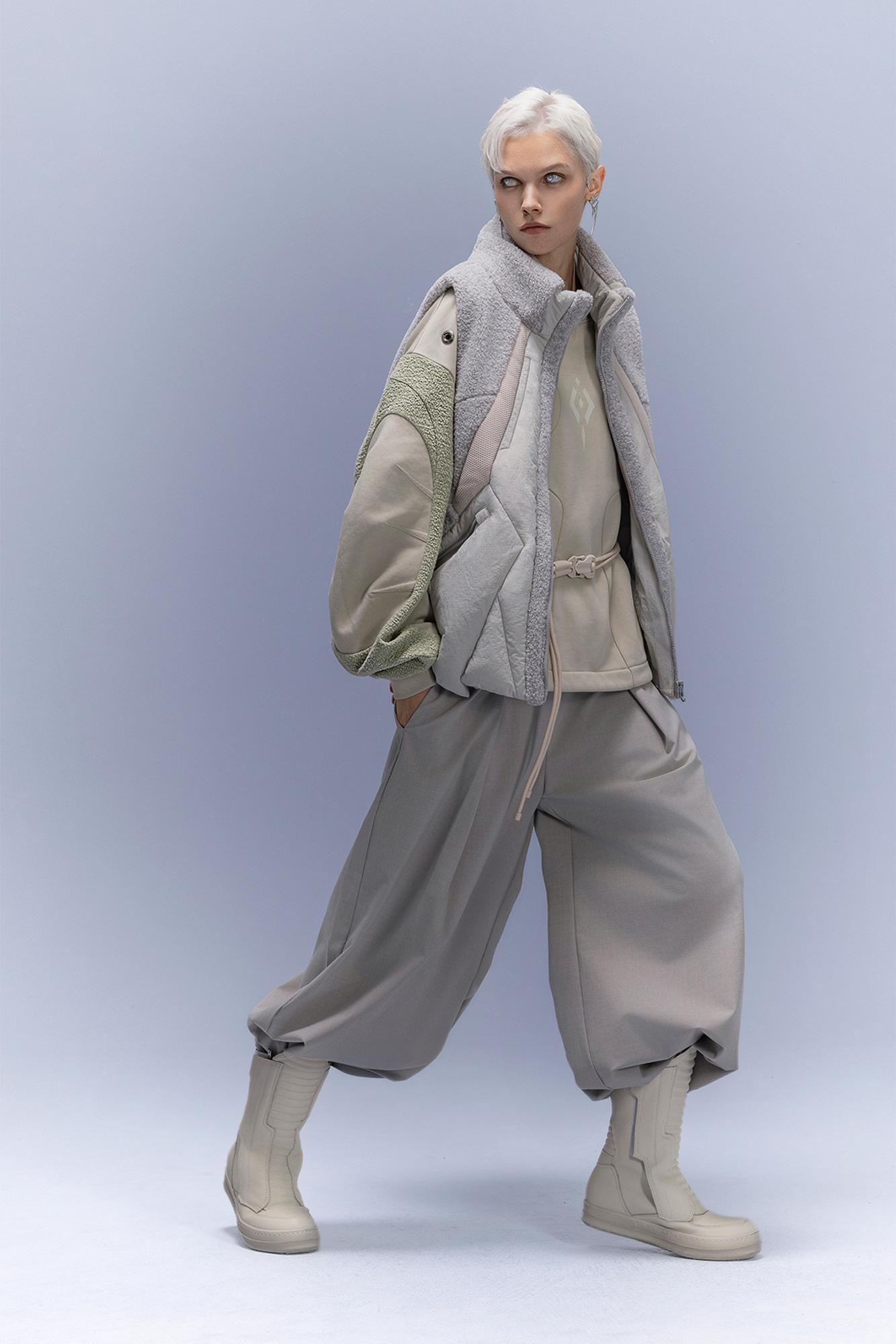 XIPHEVIL High-Neck Fleece-Panel Vest Light Gray-Vest-XS-Free Shipping Leatheretro