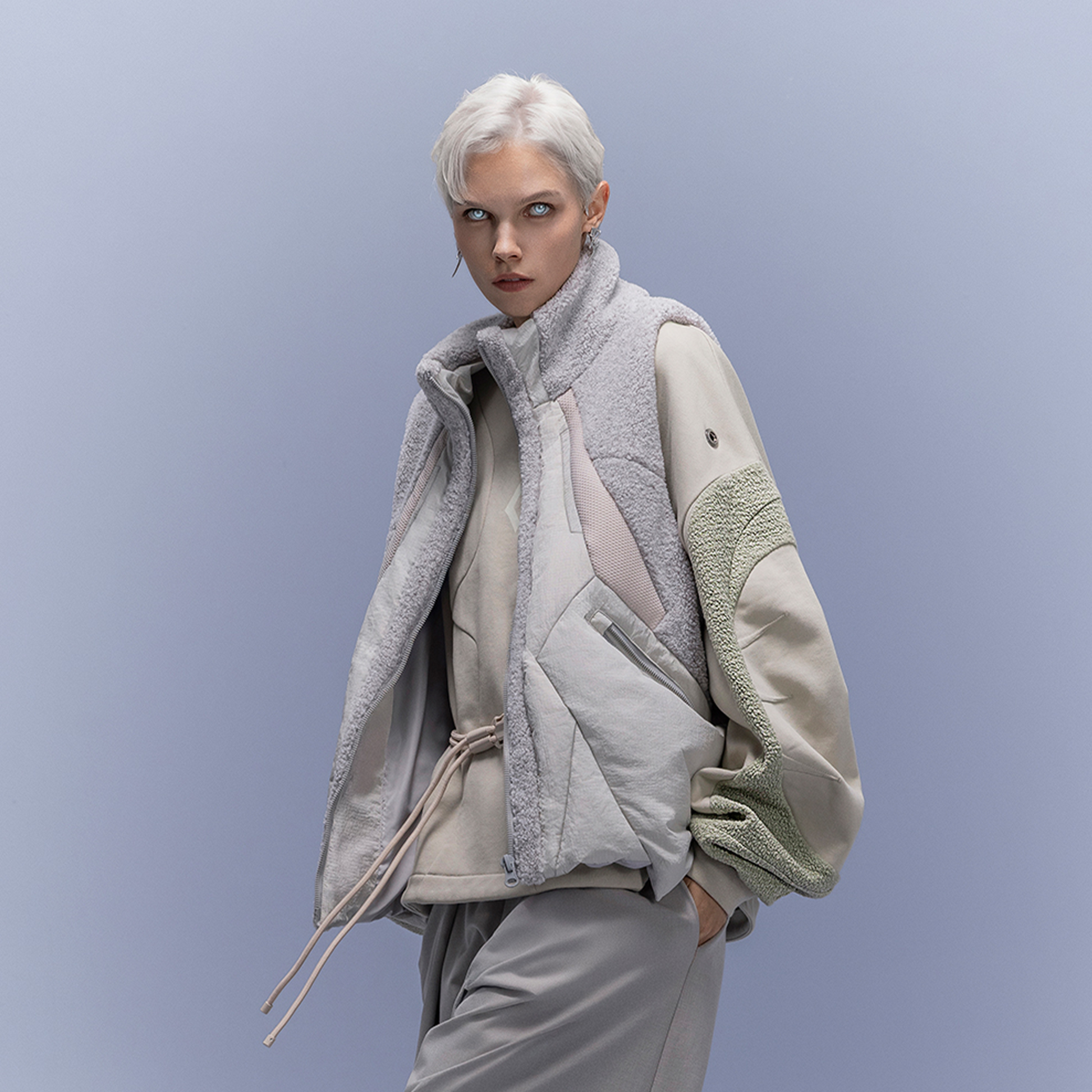 XIPHEVIL High-Neck Fleece-Panel Vest Light Gray-Vest-XS-Free Shipping Leatheretro