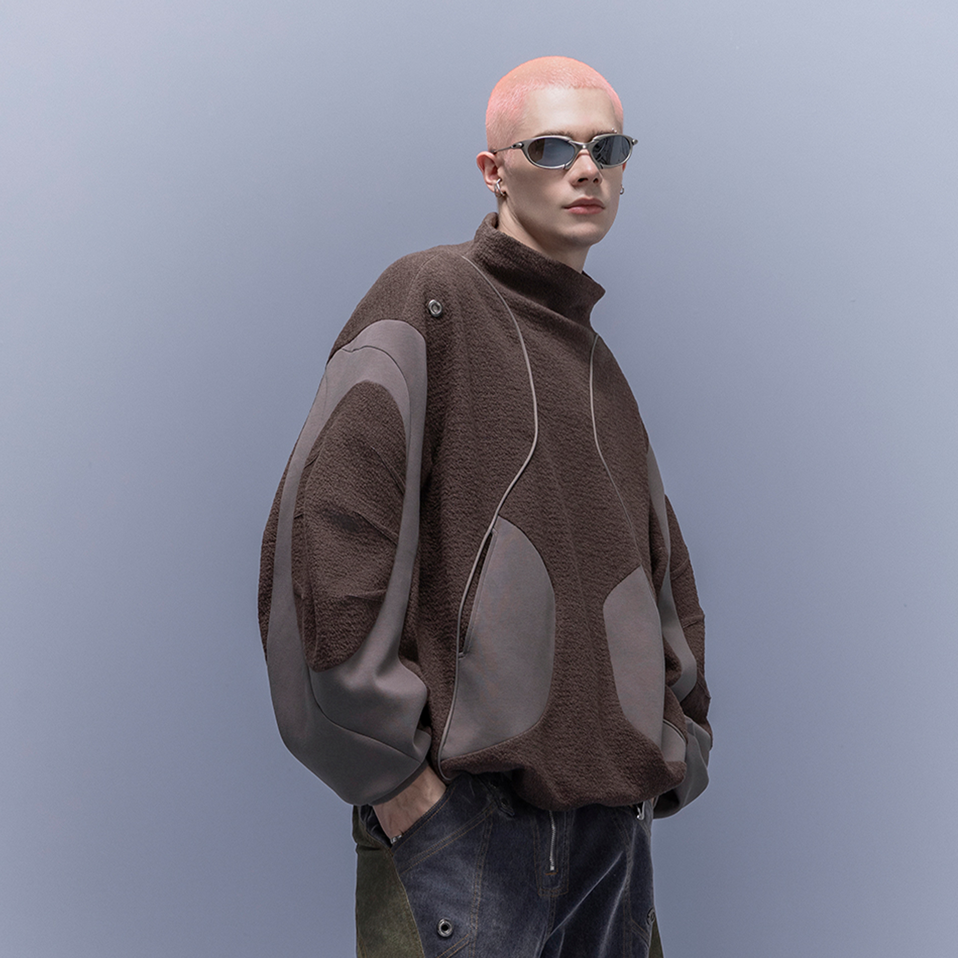 XIPHEVIL Fleece-Panel Saber-Sleeve Sweatshirt Coffee-Sweatshirt-XS-Free Shipping Leatheretro