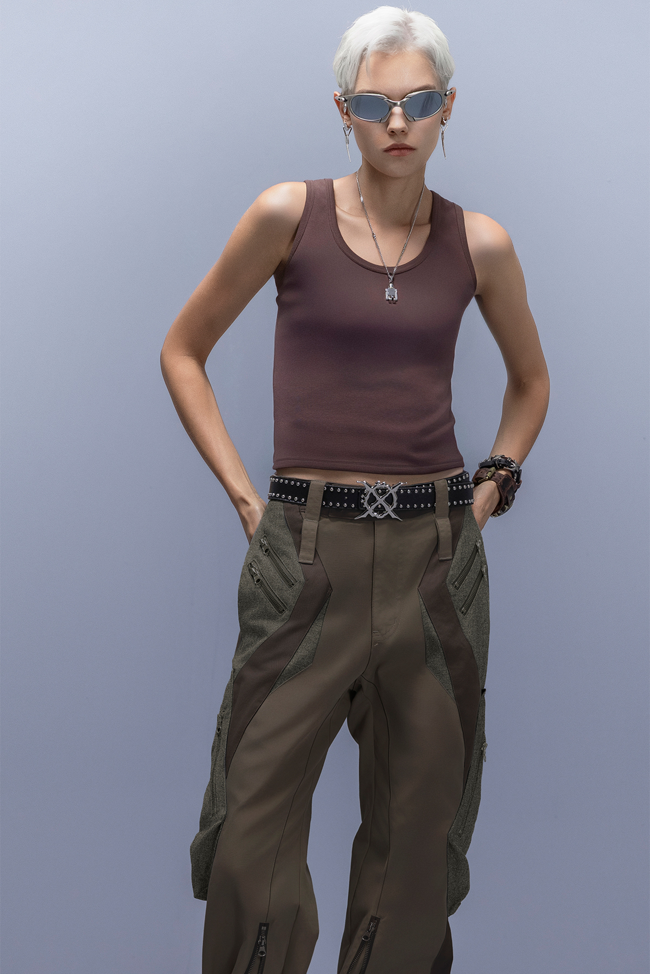 XIPHEVIL Paneled Multi-Pocket Zip Cargo Pants Coffee-Pants-XS-Free Shipping Leatheretro