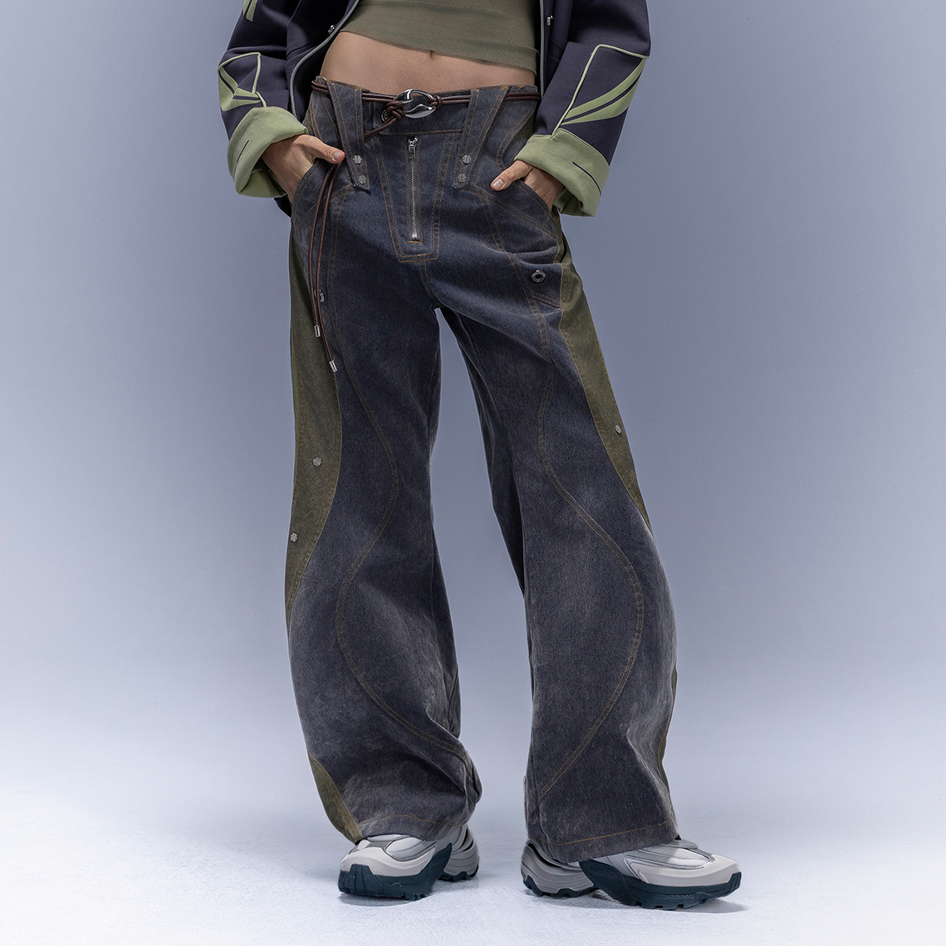 XIPHEVIL Washed Rivet Paneled Wide-Leg Pants-Pants-XS-Free Shipping Leatheretro