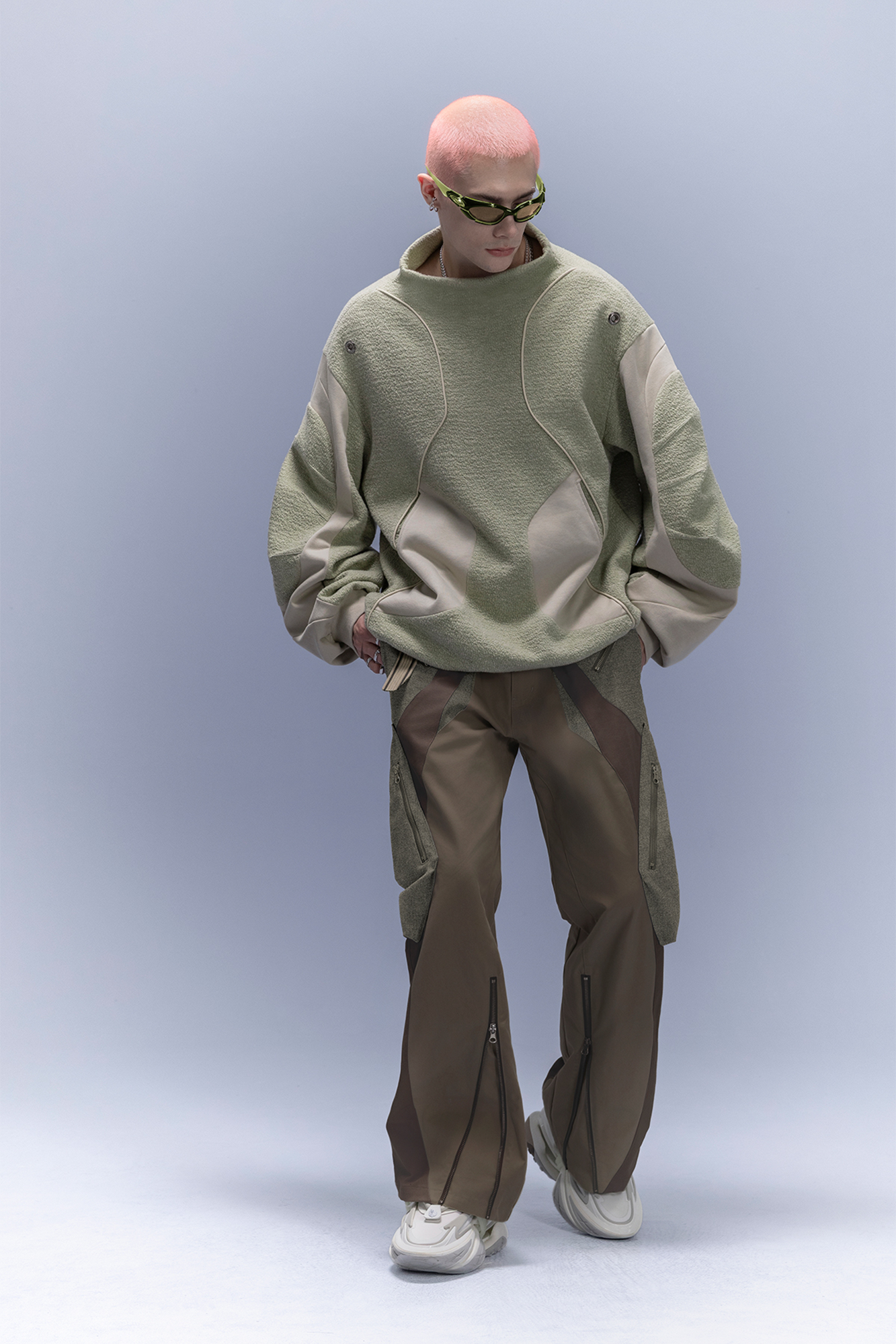 XIPHEVIL Fleece-Panel Saber-Sleeve Sweatshirt Green-Sweatshirt-XS-Free Shipping Leatheretro