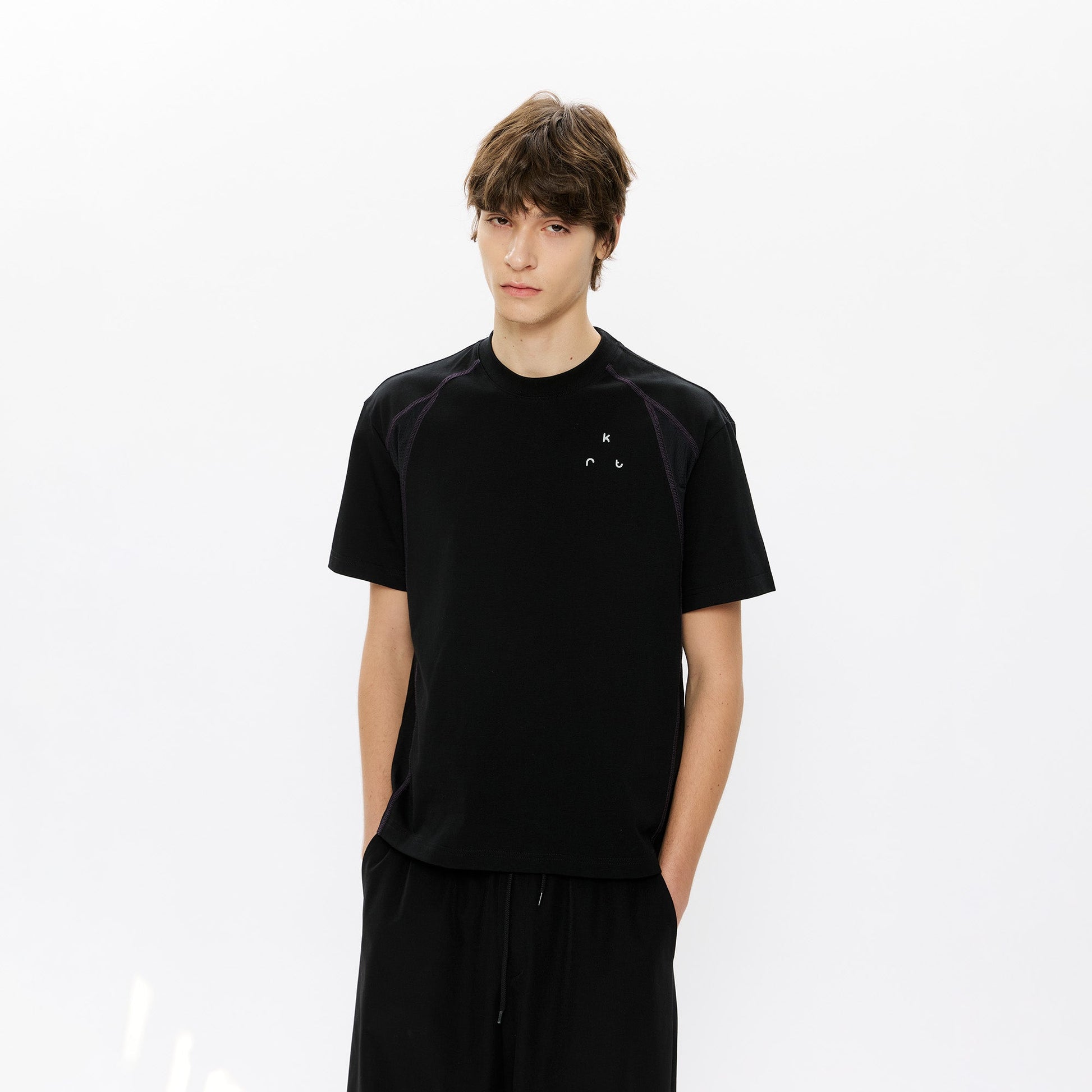 KREATE Contrast Saddle-Stitch Knit Tee-T Shirt-S-Black-Free Shipping Leatheretro