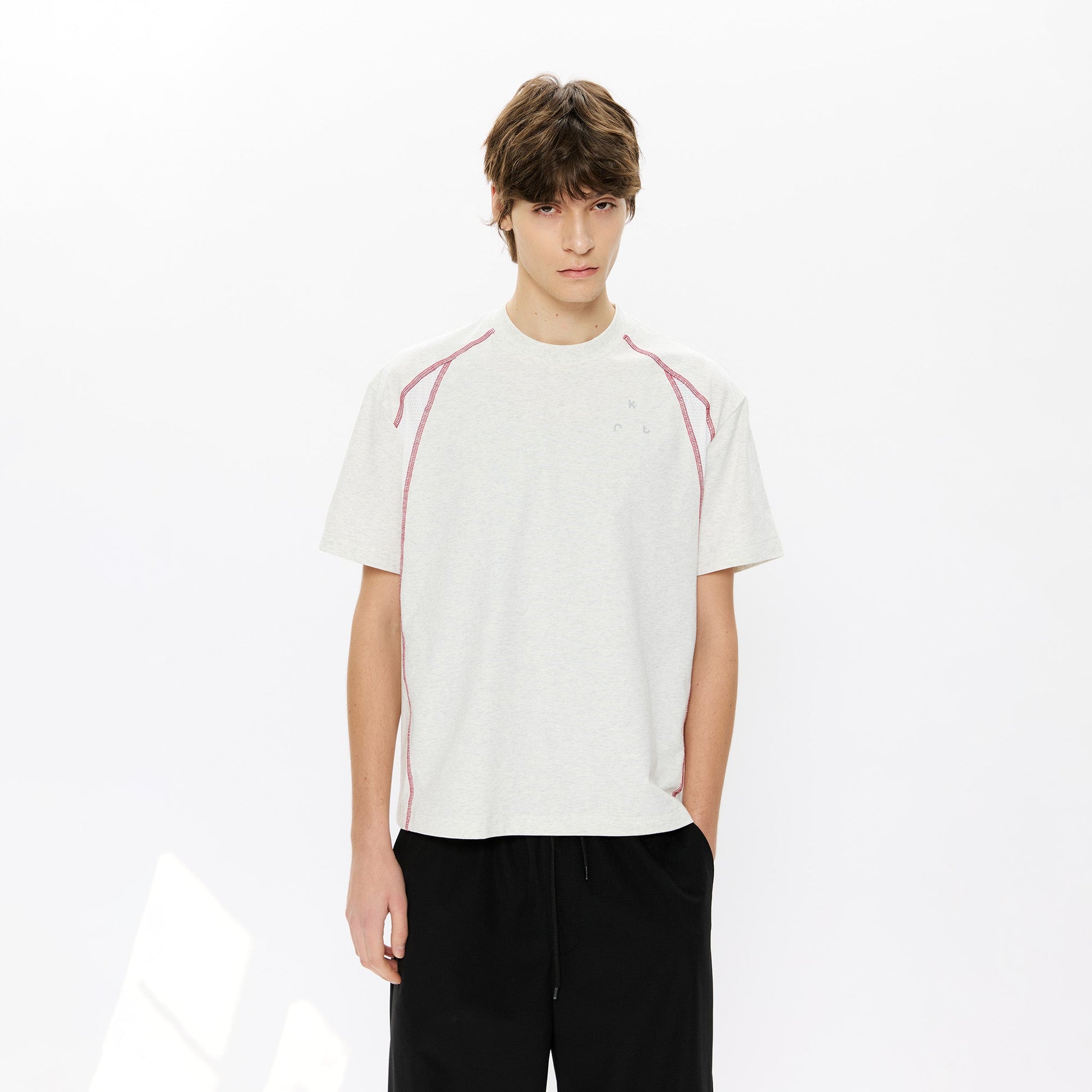 KREATE Contrast Saddle-Stitch Knit Tee-T Shirt-S-Light Gray-Free Shipping Leatheretro