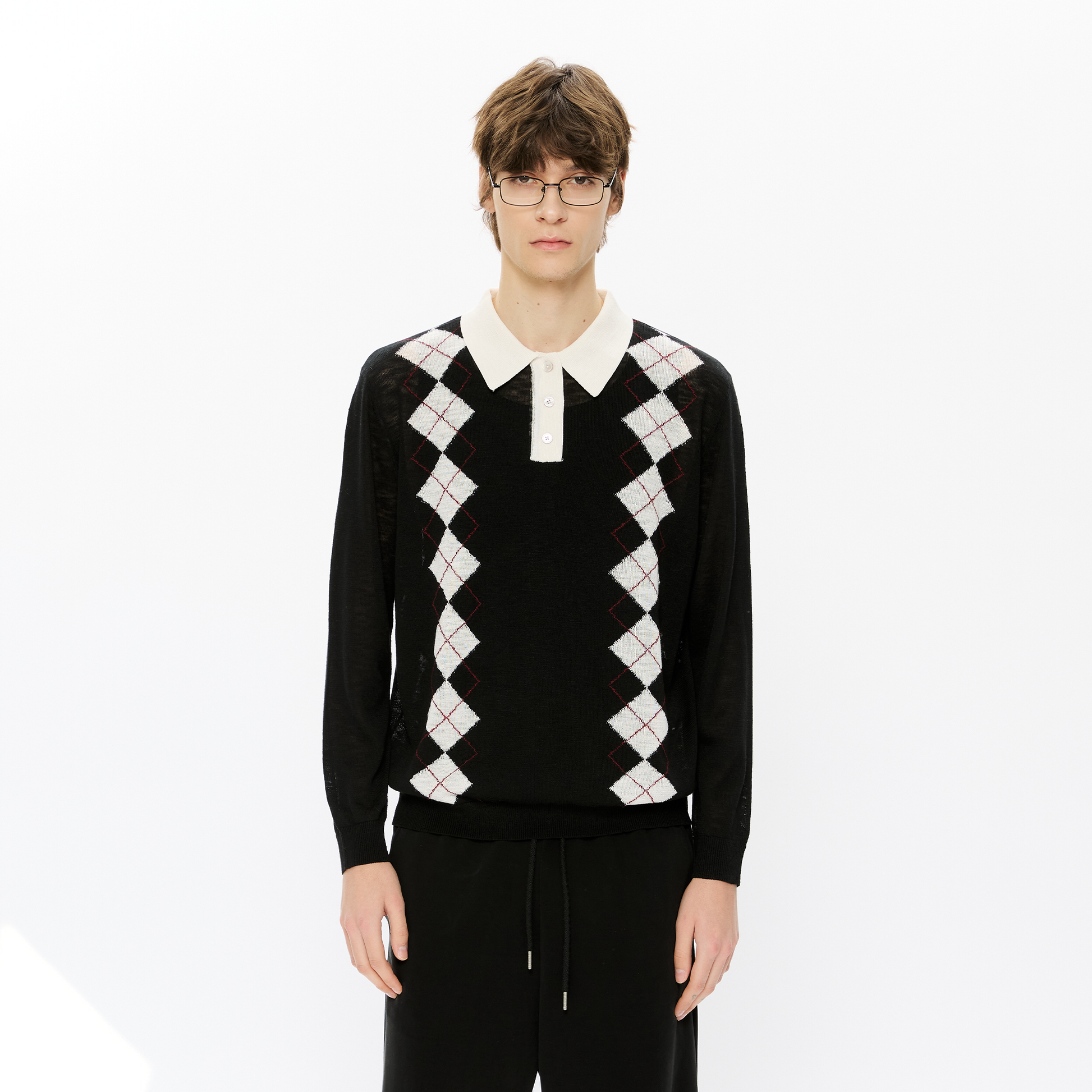 KREATE Retro Argyle Polo Sweater-Sweater-S (Preorder)-Black-Free Shipping Leatheretro