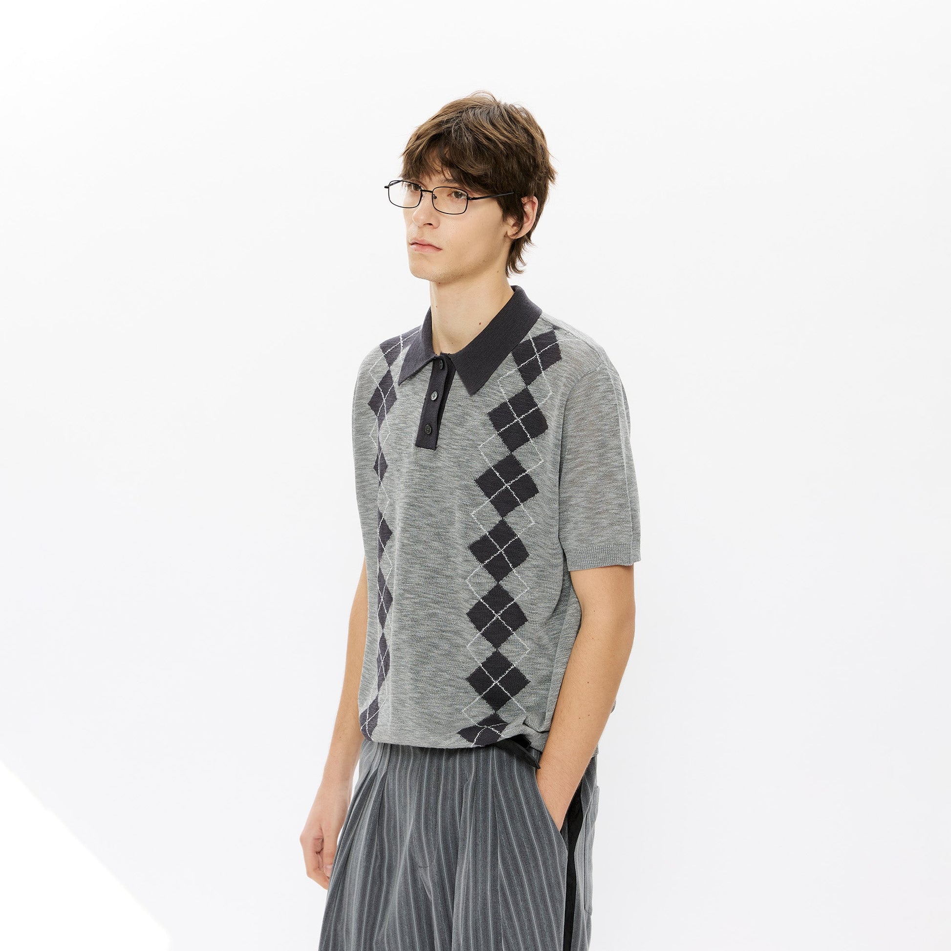 KREATE Retro Diamond-Knit Short Sleeve Polo-T Shirt-S-Gray-Free Shipping Leatheretro