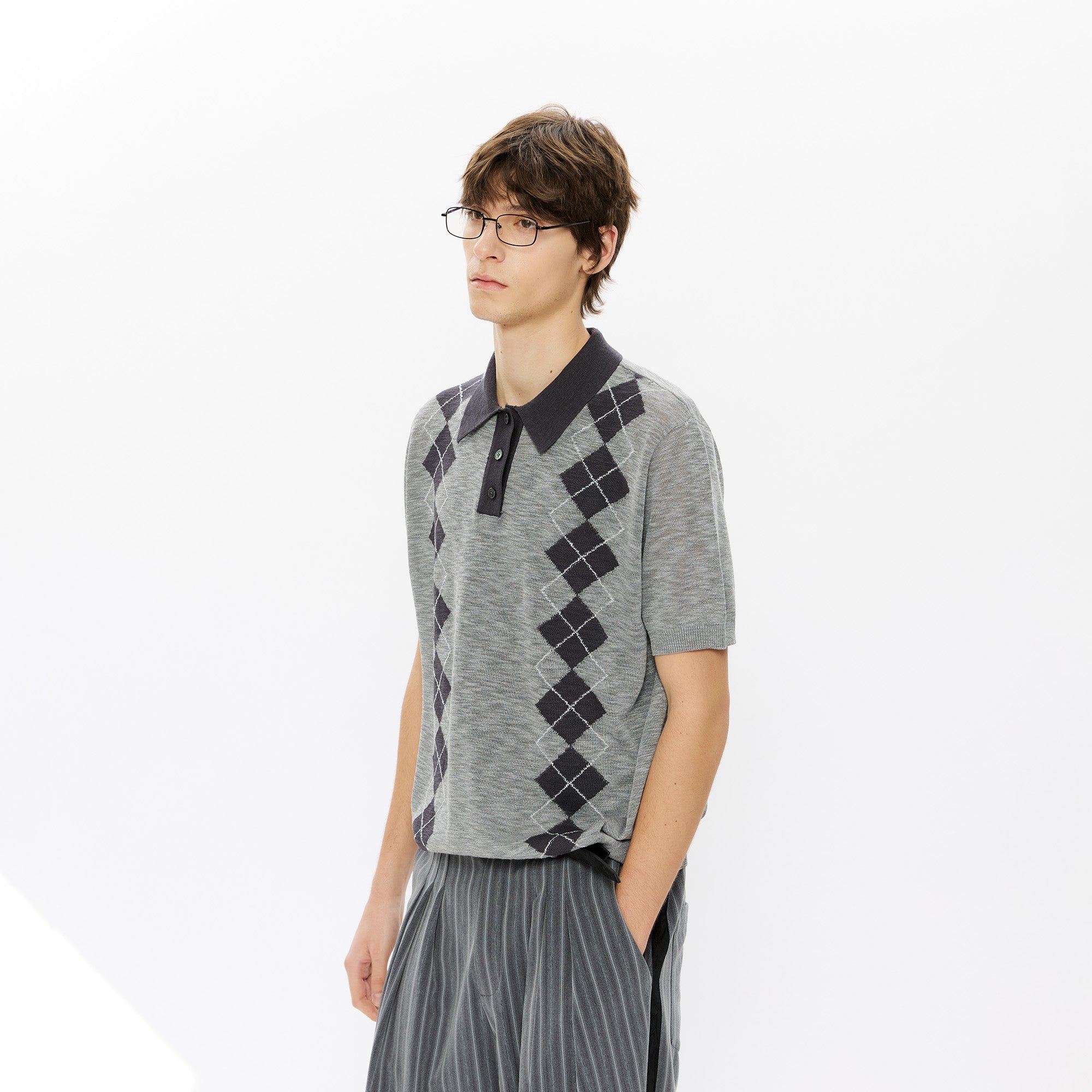 KREATE Retro Diamond-Knit Short Sleeve Polo-T Shirt-S-Gray-Free Shipping Leatheretro