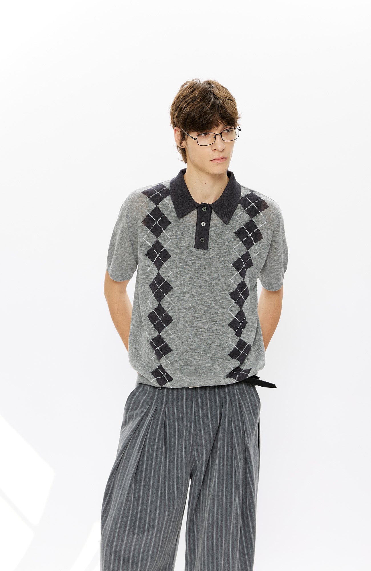 KREATE Retro Diamond-Knit Short Sleeve Polo-T Shirt-S-Gray-Free Shipping Leatheretro