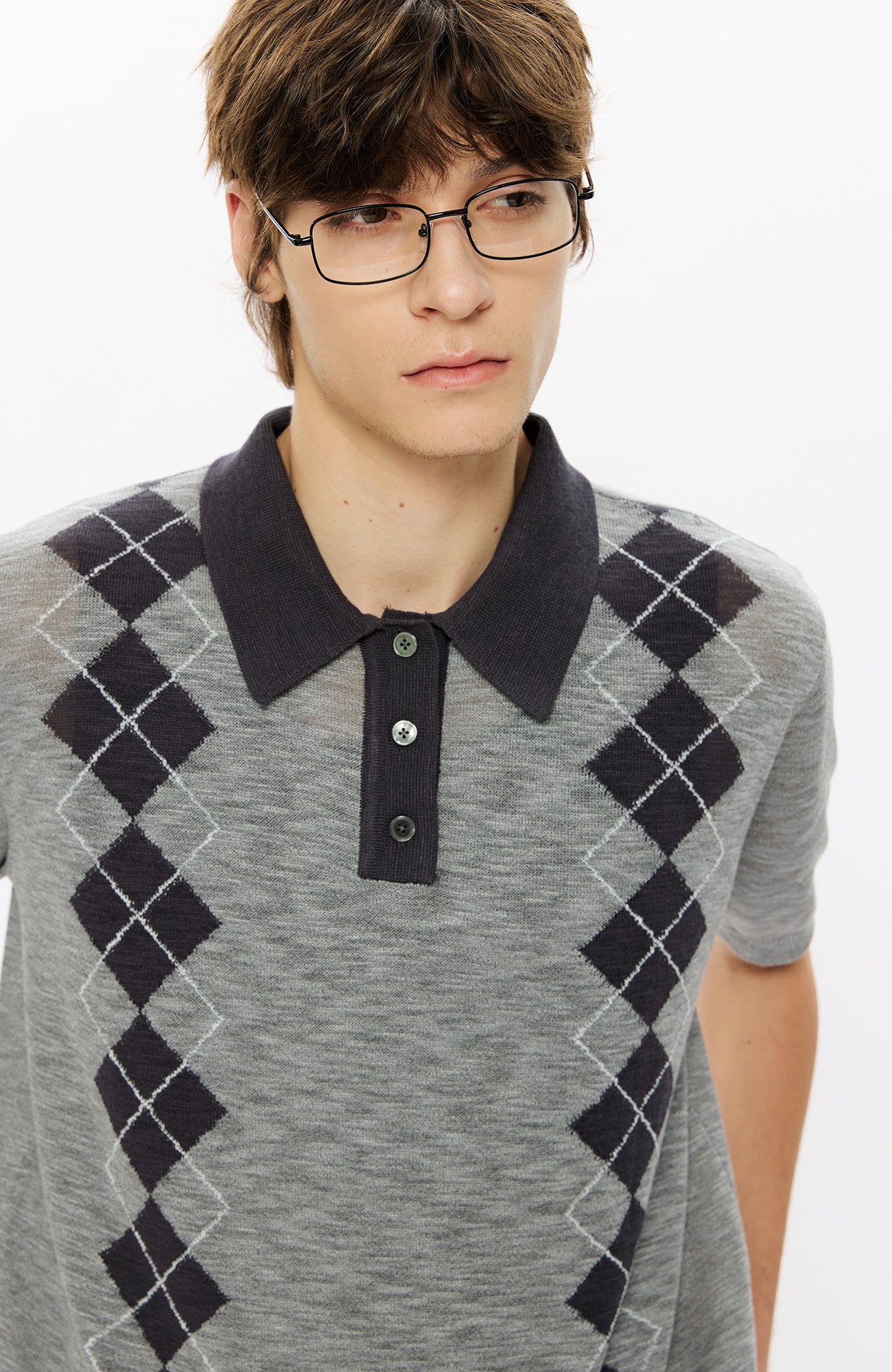 KREATE Retro Diamond-Knit Short Sleeve Polo-T Shirt-S-Gray-Free Shipping Leatheretro