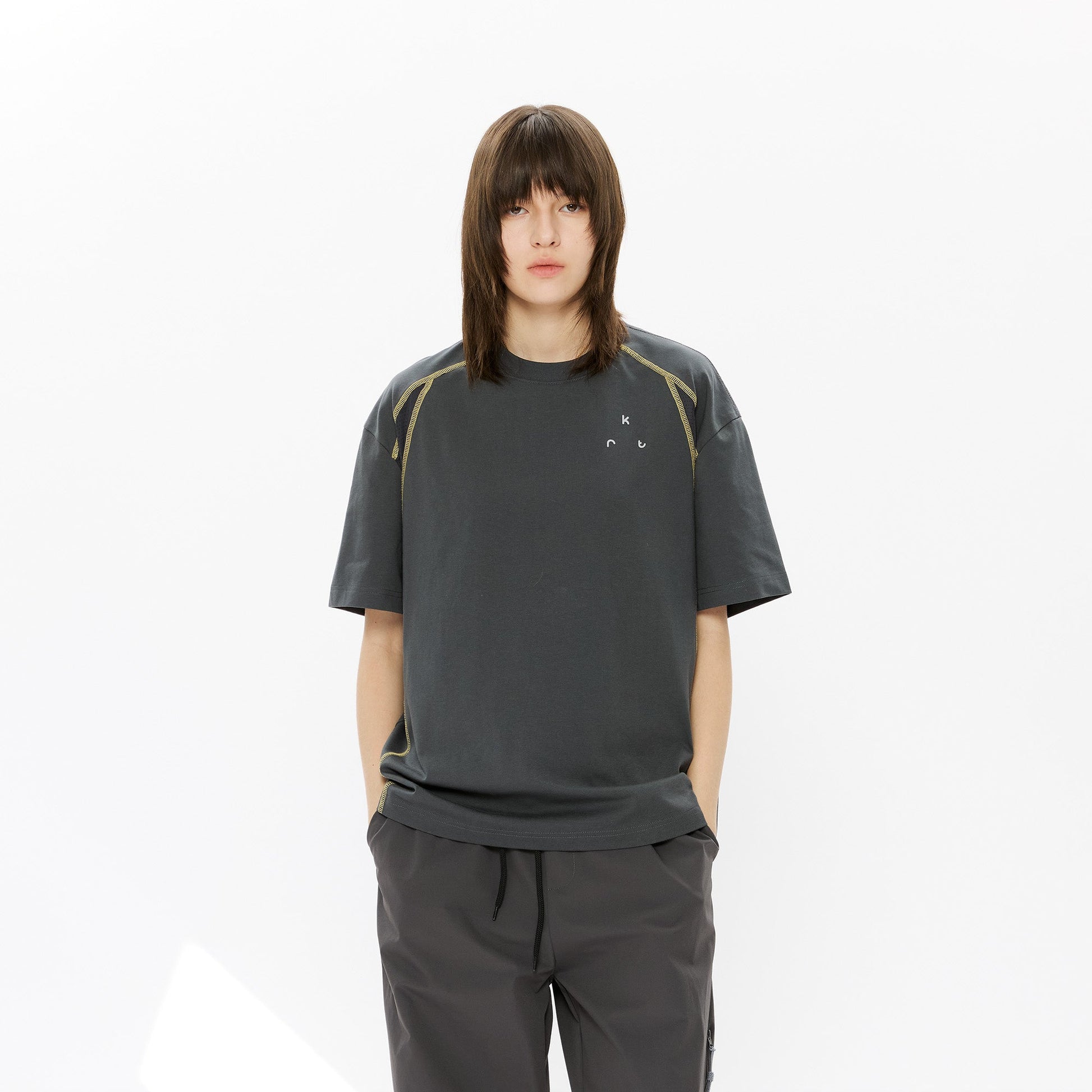 KREATE Contrast Saddle-Stitch Knit Tee-T Shirt-S-Dark Gray-Free Shipping Leatheretro